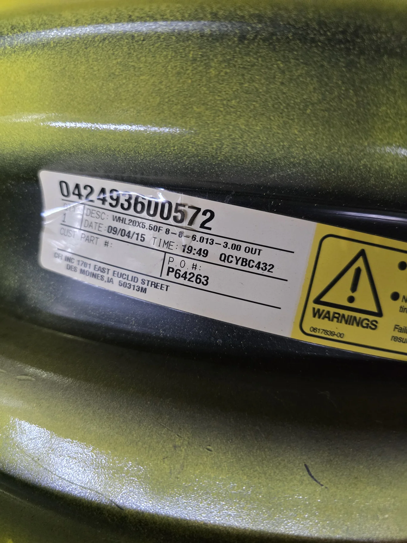 5.5 X 20 8-8-6.013-3.00 OUTSET YELLOW WHEEL image 3