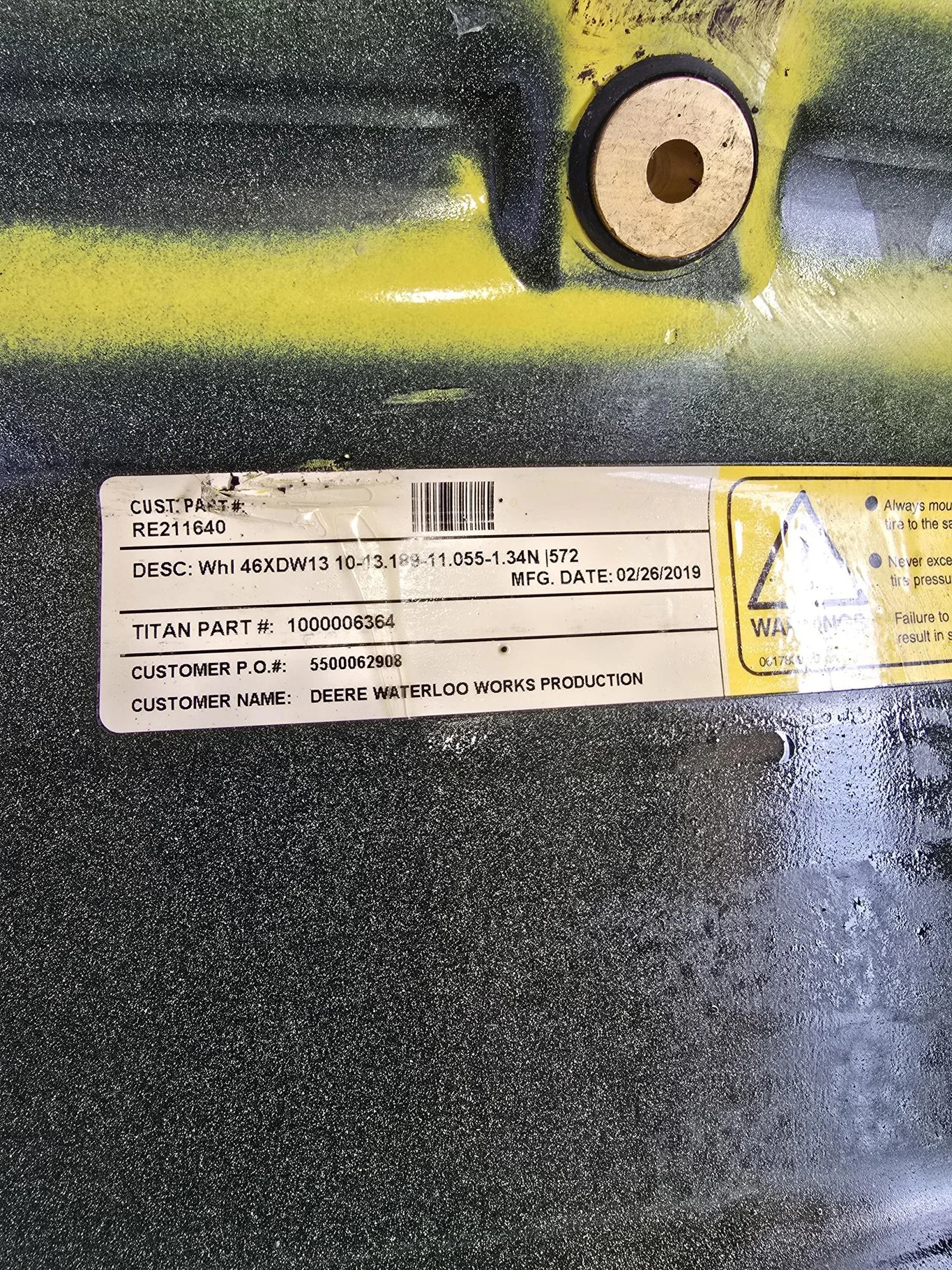 Used 13 x 46 10-13.189-11.055 Rim & Rail JD Ag Yellow Wheel w/ Disc