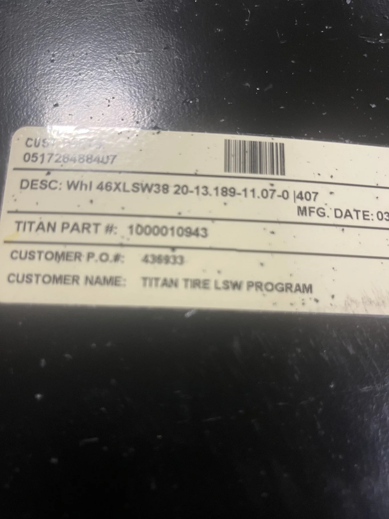 Used 38 X 46 20-13.189-11.07 Dual Silver Combine Wheel