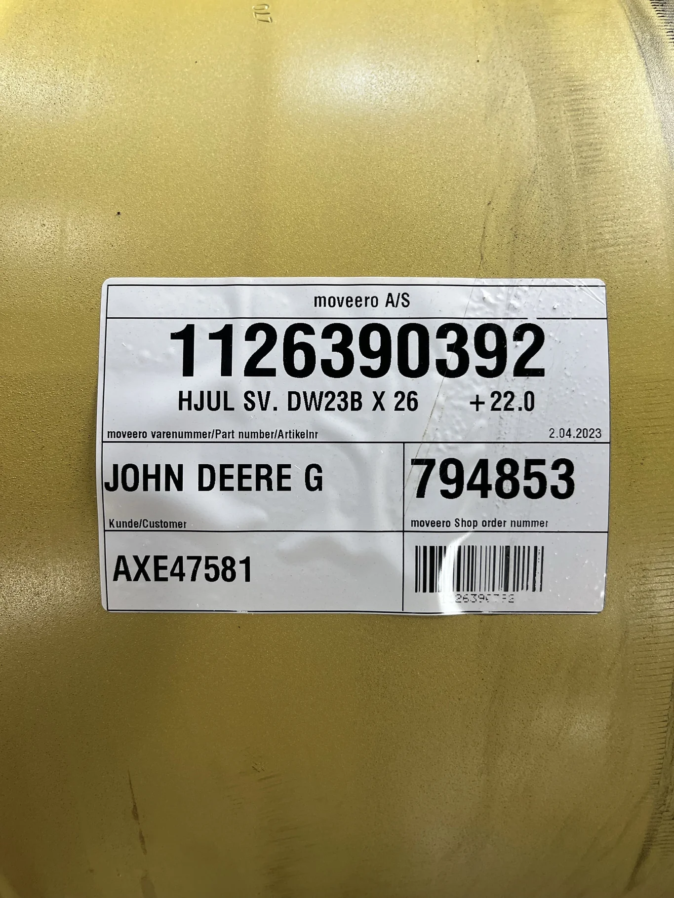 Used 23 X 26 8-10.82-8.78 JD Yellow Combine Wheel image 3