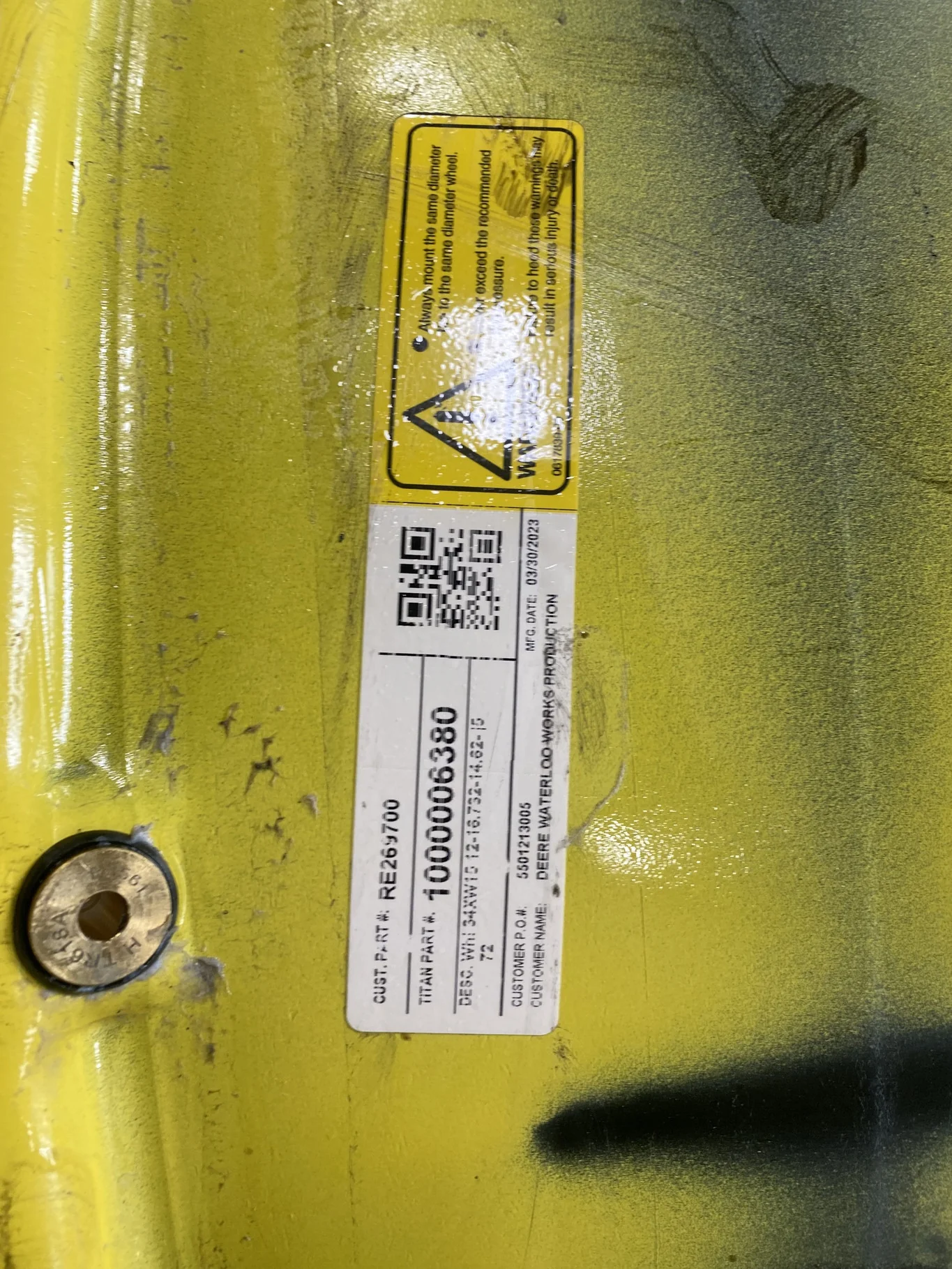 Used 15 x 34 12-16.732-14.620 Waffle 3 Bolt Yellow Wheel w/ Disc