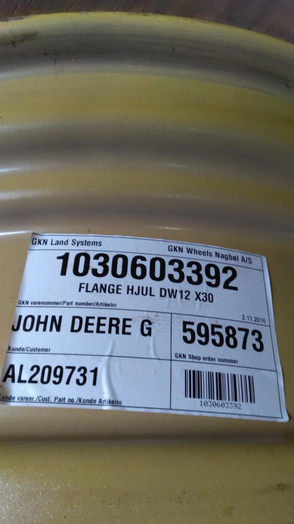 Take-Off 12 X 30 (13 X 30) GKN 8-10.82-8.78 Rim & Rail Yellow Wheel w/ Disc image 3