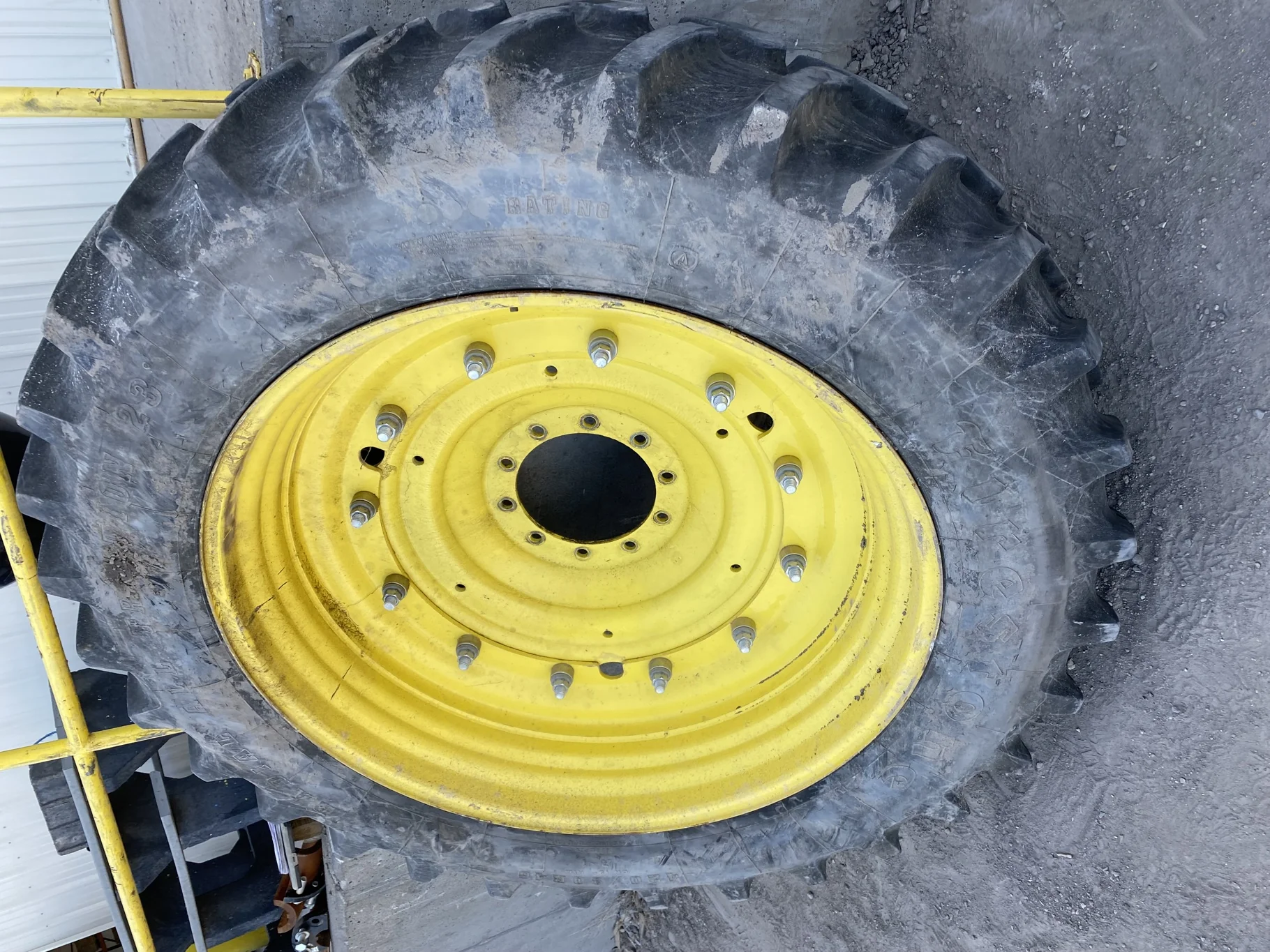 Used 420/80R46 Firestone Radial All Traction 23 75% on JD Yellow 13 x 46 Stub Disc ( No Center