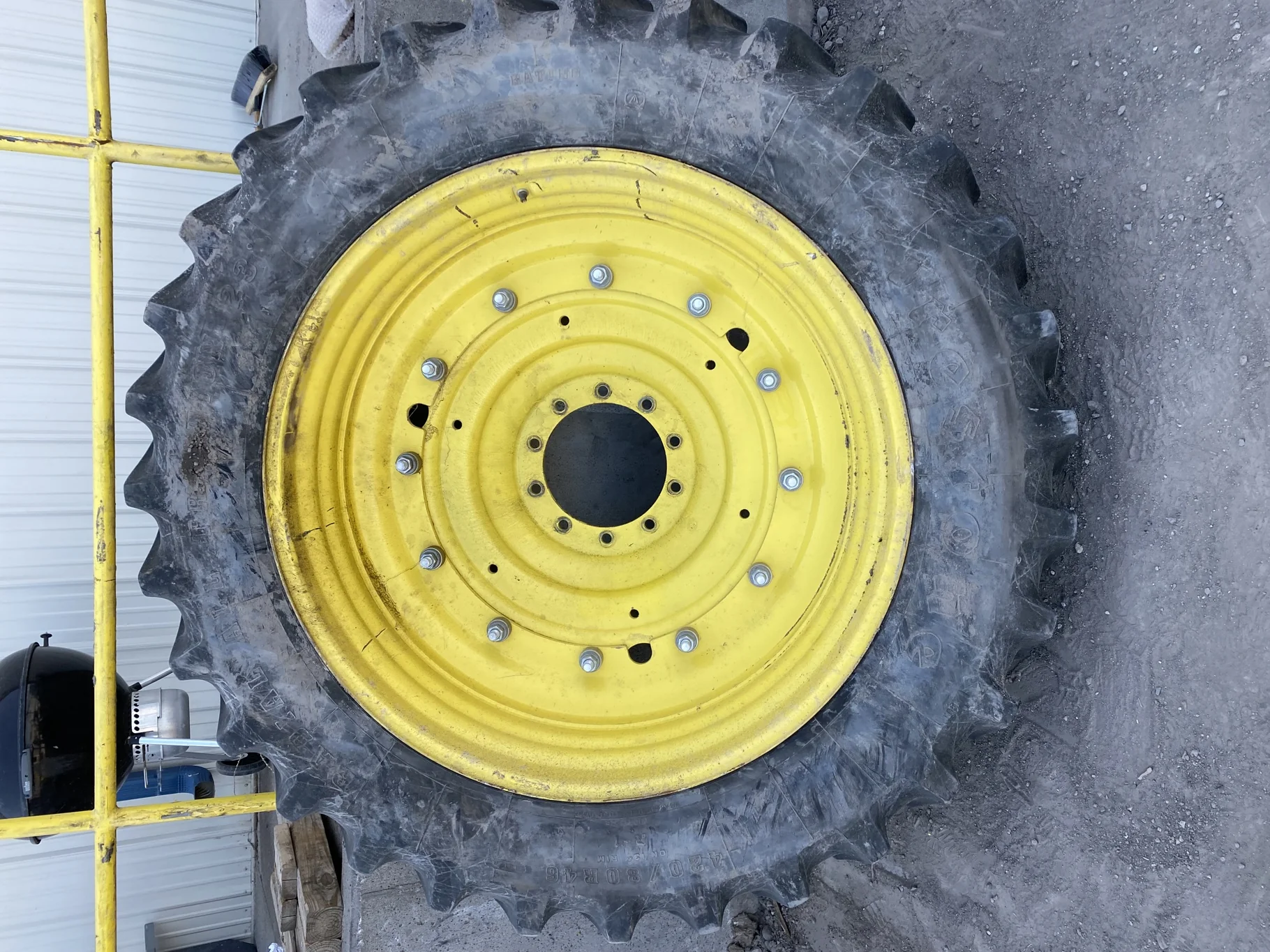 Used 420/80R46 Firestone Radial All Traction 23 75% on JD Yellow 13 x 46 Stub Disc ( No Center image 2