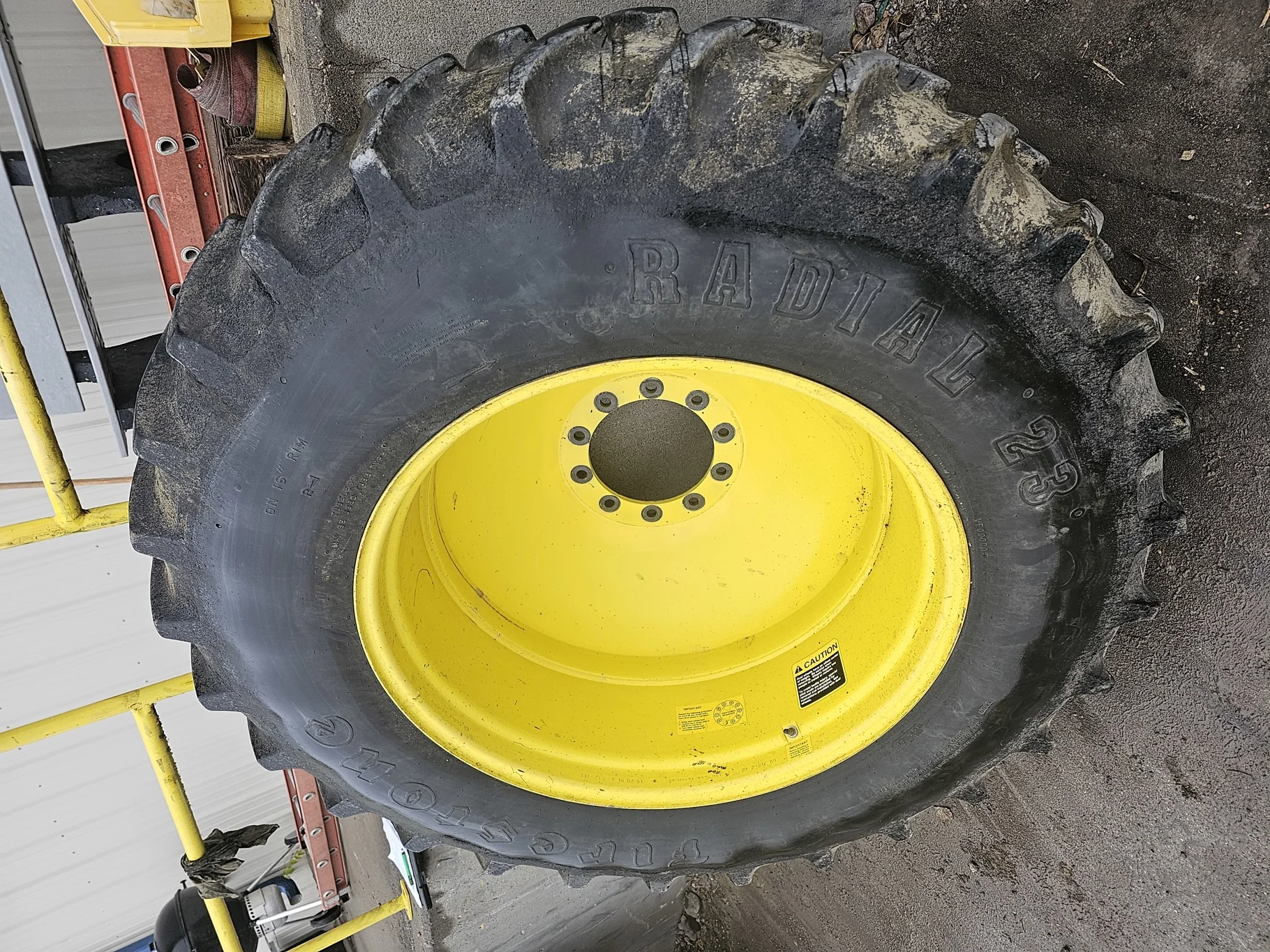 Used 18.4R38 146A8 Firestone Radial All Traction 23 R-1 TL 80% On 16 x 38 10 Bolt Yellow Wheel