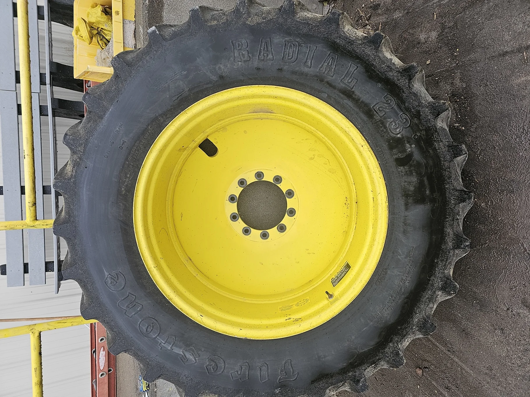 Used 18.4R38 146A8 Firestone Radial All Traction 23 R-1 TL 80% On 16 x 38 10 Bolt Yellow Wheel image 2