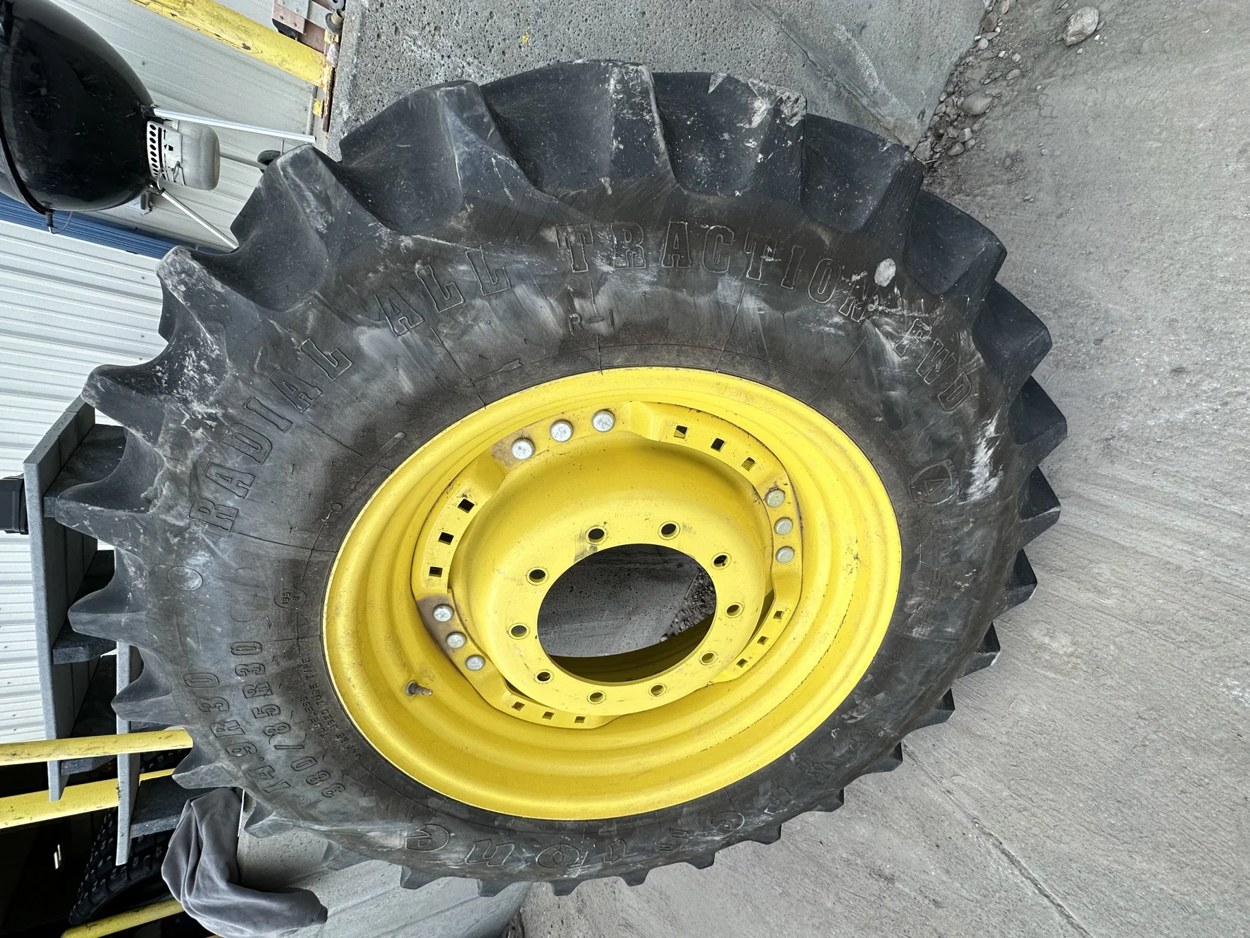 Used 380/85R30 135B Firestone Rad All Traction FWD R-1 TL 55% On 13 x 30 Waffle 3 Bolt Yellow Wheel