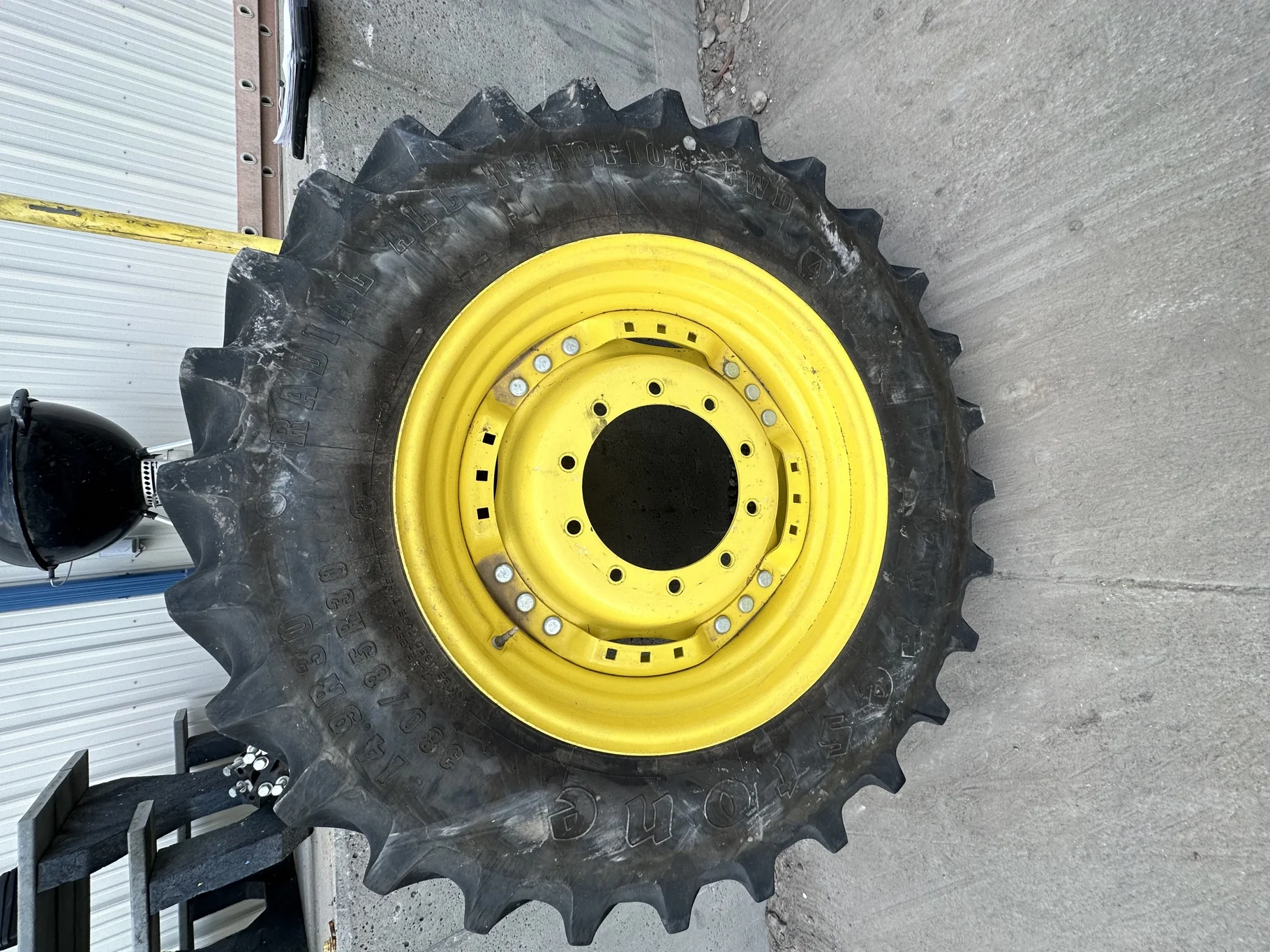 Used 380/85R30 135B Firestone Rad All Traction FWD R-1 TL 55% On 13 x 30 Waffle 3 Bolt Yellow Wheel image 2