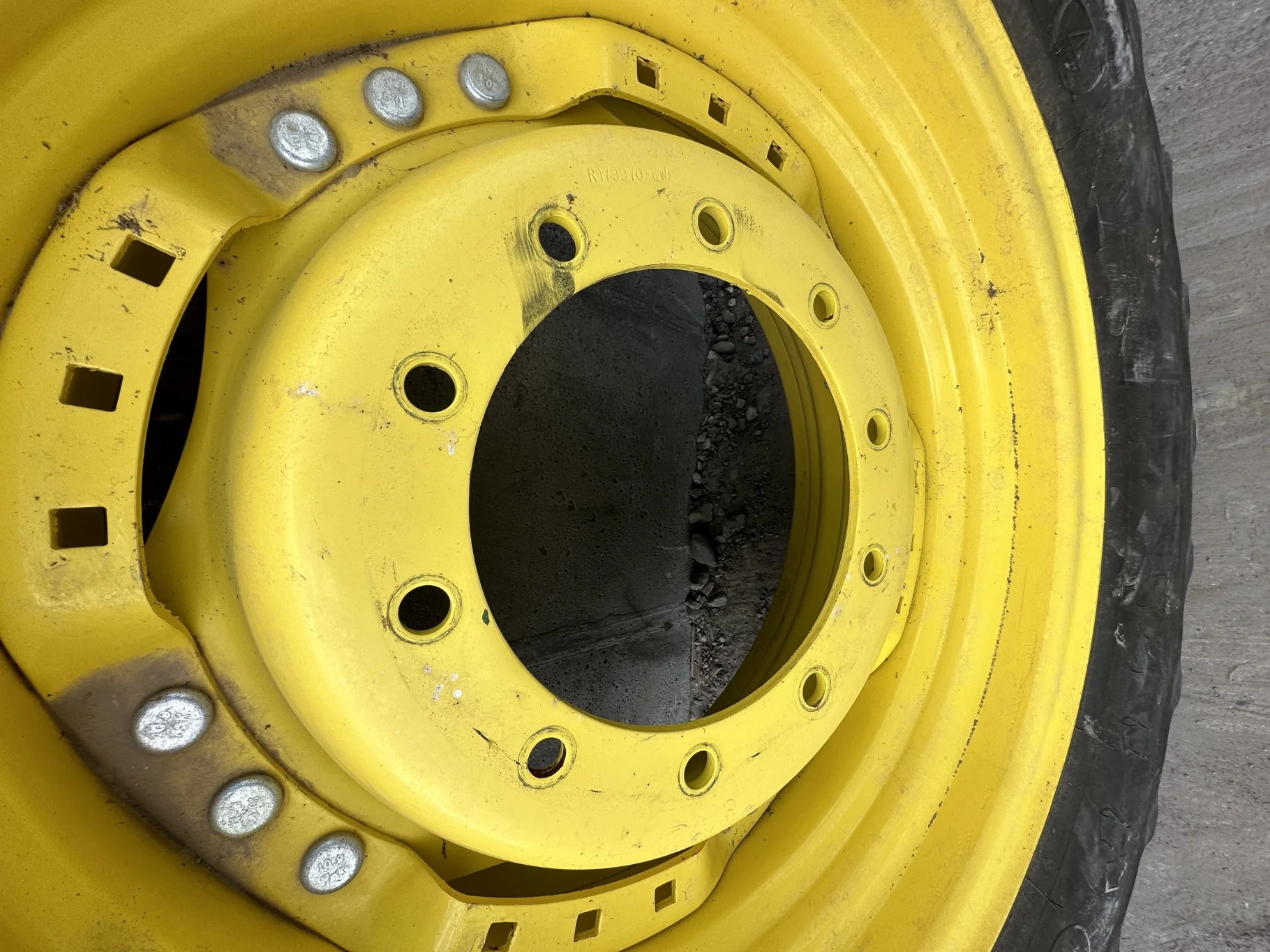 Used 380/85R30 135B Firestone Rad All Traction FWD R-1 TL 55% On 13 x 30 Waffle 3 Bolt Yellow Wheel image 3