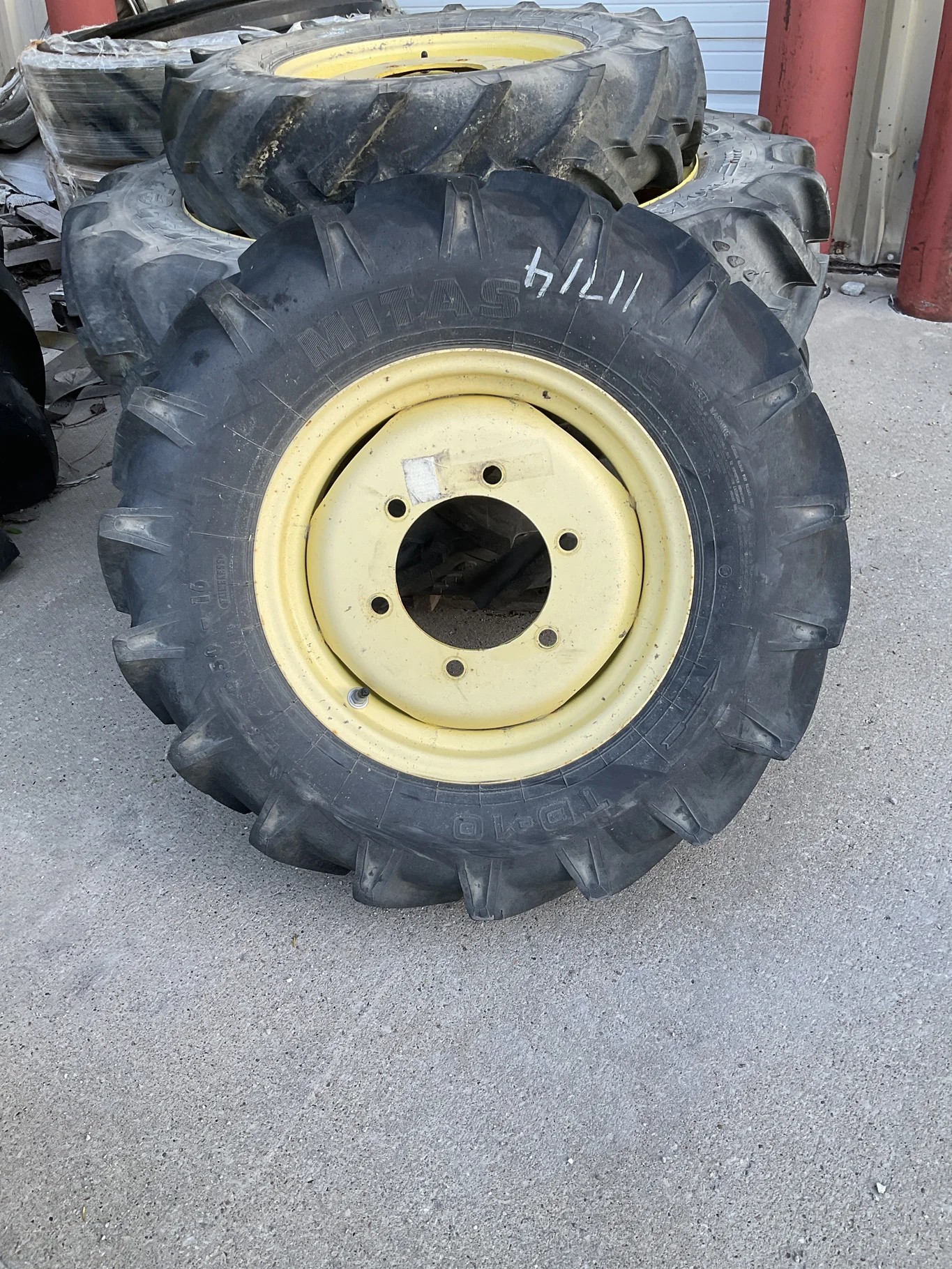 Used 6.50-16 106R Mitas TD-10 TL R-1W 95-100% On 4.5 x 16 6-8.75-6.49 5"BS Yellow Implement