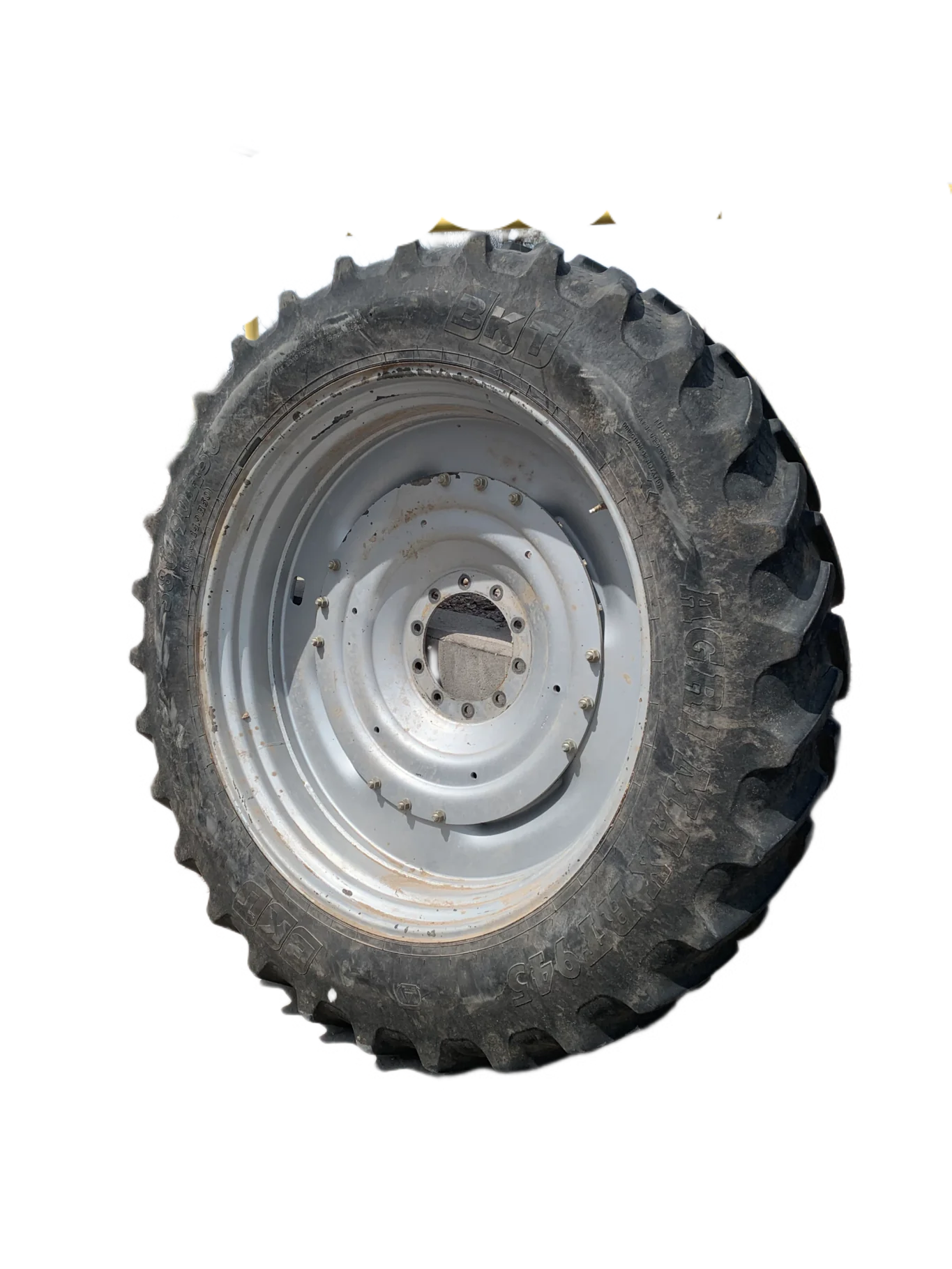 Used 380/90R50 BKT Agrimax RT945 R-1W (151A8) TL 60% on a 12 x 50 Case Silver Waffle with 10 Bo