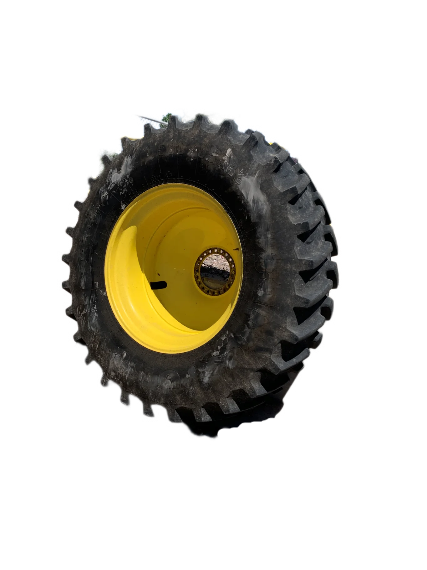 Used 580/85R42 Firestone Radial Deep Tread 23 R-1W (166B) TL 85% on 18 x 42 John Deere Yellow 20 Bo