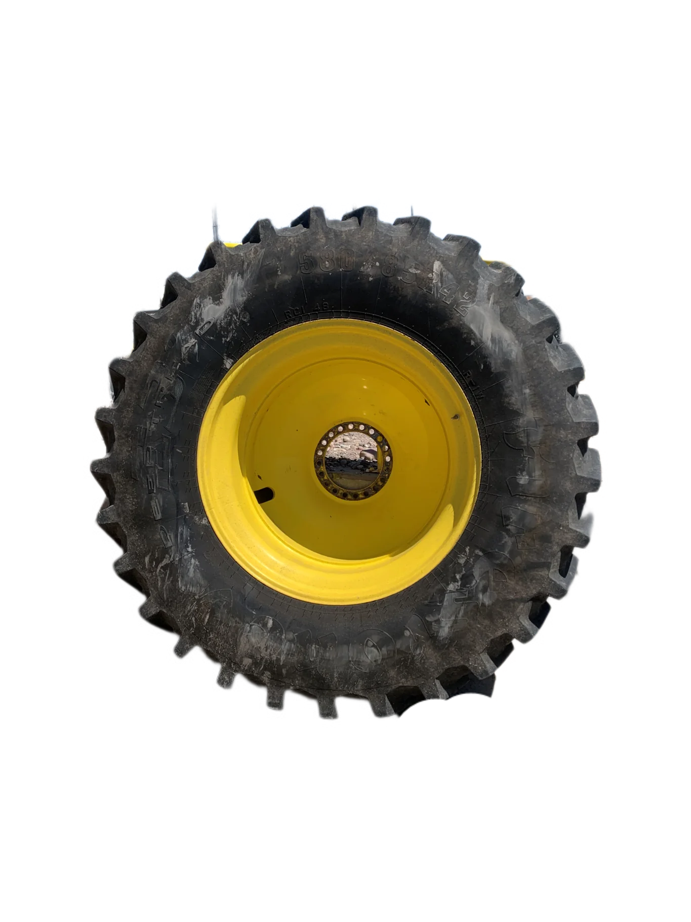 Used 580/85R42 Firestone Radial Deep Tread 23 R-1W (166B) TL 85% on 18 x 42 John Deere Yellow 20 Bo image 2