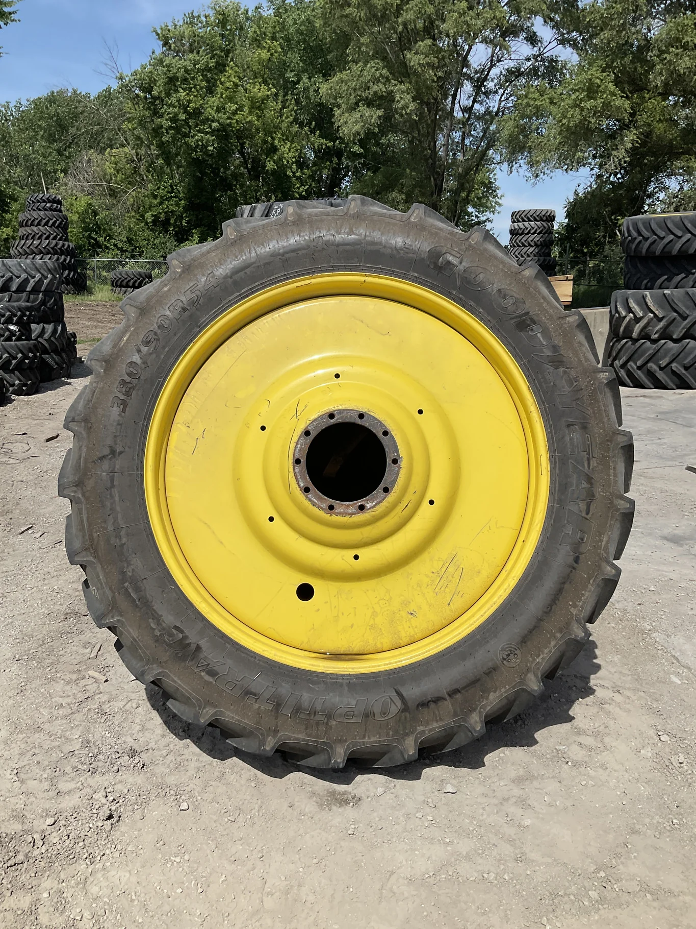 Used 380/90R54 152D Goodyear Optitrac TL R-1W 80-85% On 12 x 54 10-13.19-11.07 Yellow Dual Wheel