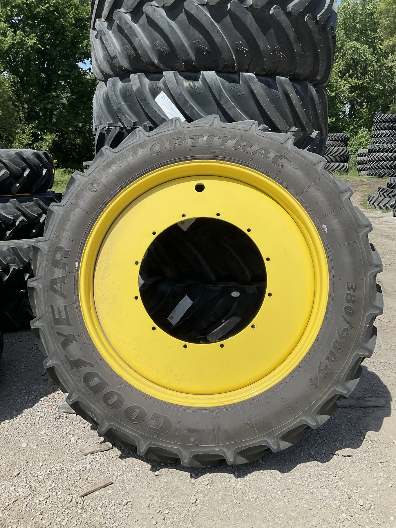 Used 380/90R54 152D Goodyear Optitrac TL R-1W 90-95% on 12 X 54 12-32.04-30.07 Yellow Rim&Rail Wheel