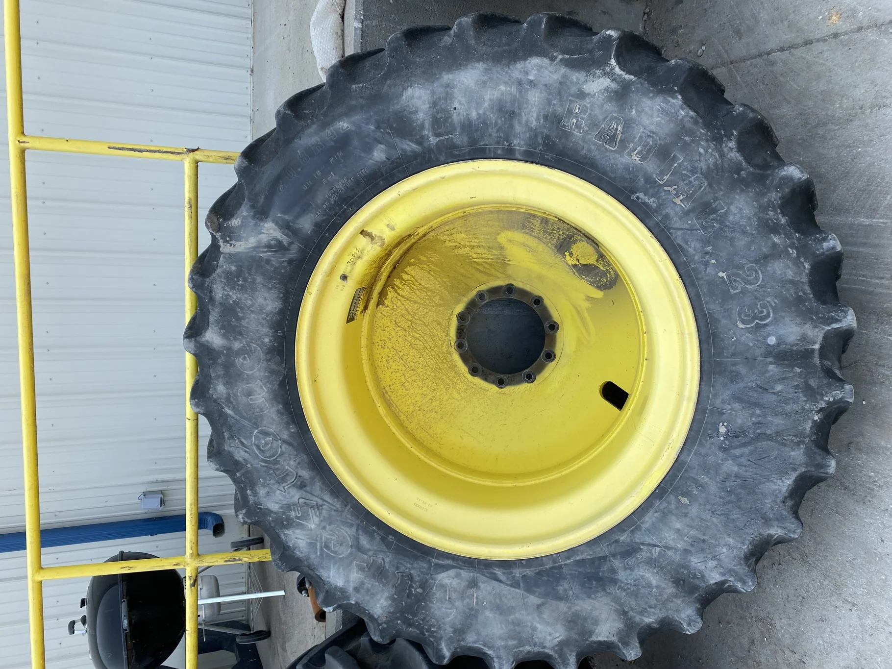 Used 20.8R42 Firestone 23 55% on 18 x 42 JD Yellow 10-13-11 Outside Dolly Dual
