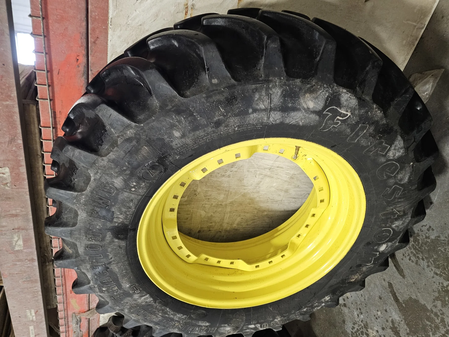 Used 380/85R30 Firestone Radial All Traction FWD R-1 (135B) TL 60%  on a 13 x 30 JD Yellow (3 B