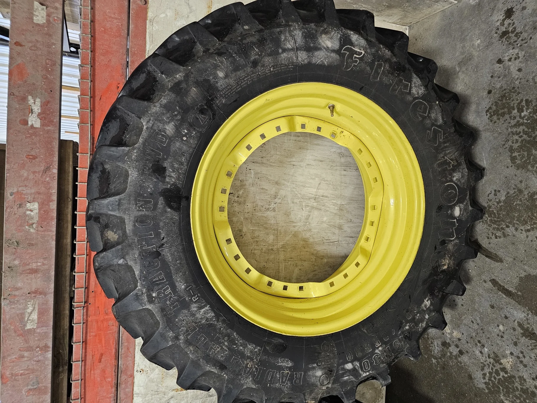 Used 380/85R30 Firestone Radial All Traction FWD R-1 (135B) TL 60%  on a 13 x 30 JD Yellow (3 B image 2