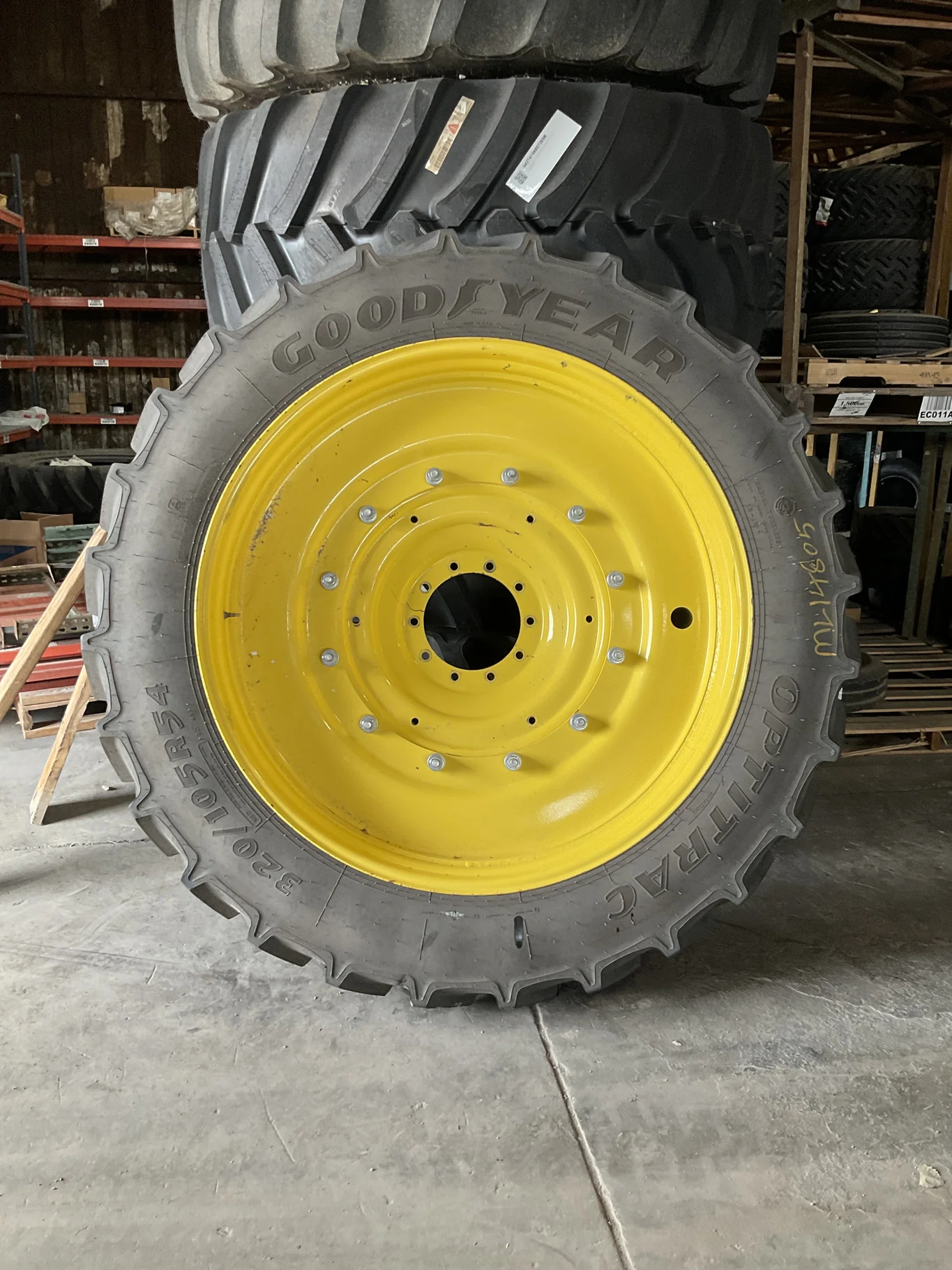 Used 320/105R54 166D Goodyear Optitrac TL R-1W 90-95% On 10 x 54 10-13.19-11.07 3"BS Yellow Rim&Rail