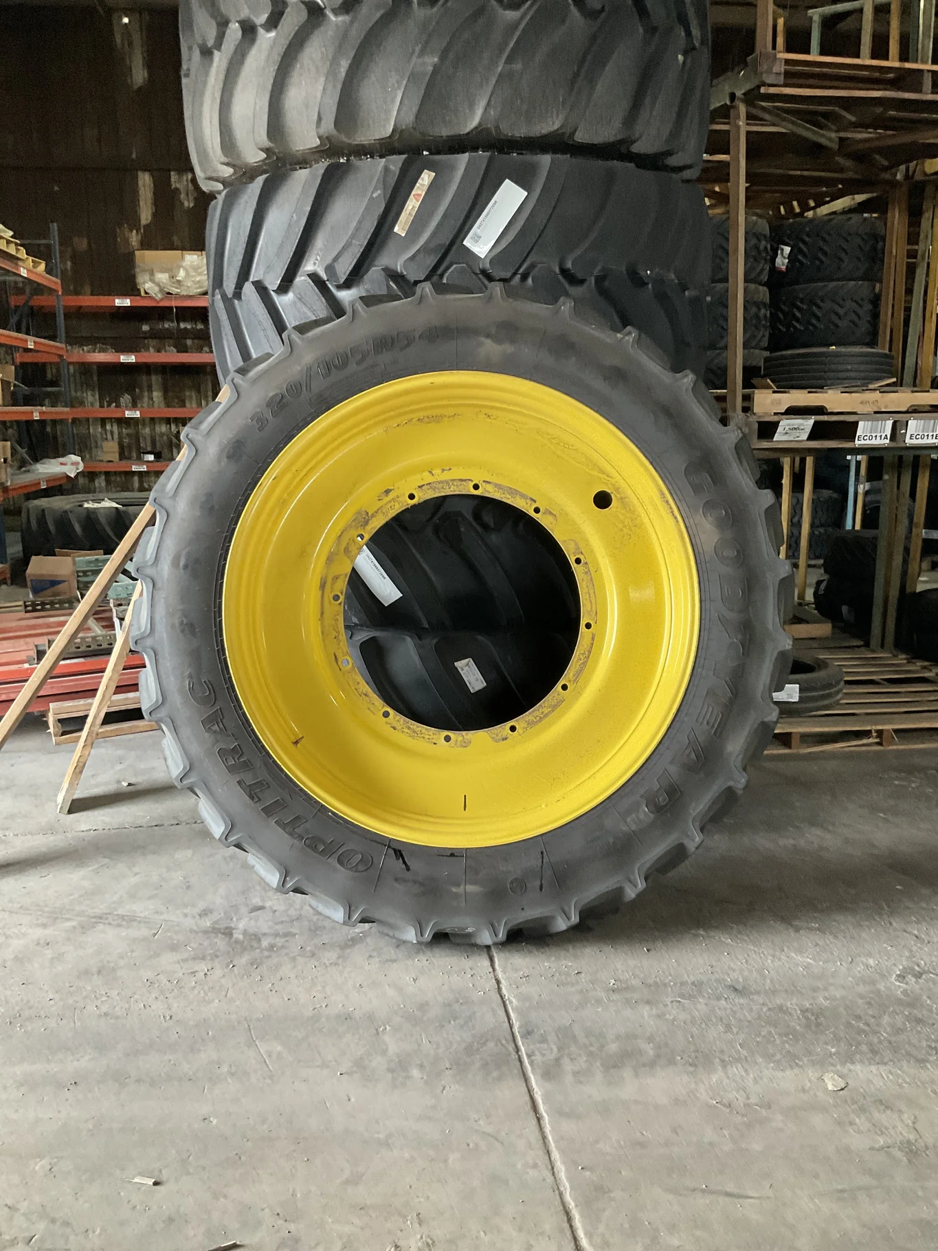 Used 320/105R54 166D Goodyear Optitrac TL R-1W 90-95% On 10 x 54 12-32.047-30.078 3"BS Yellow