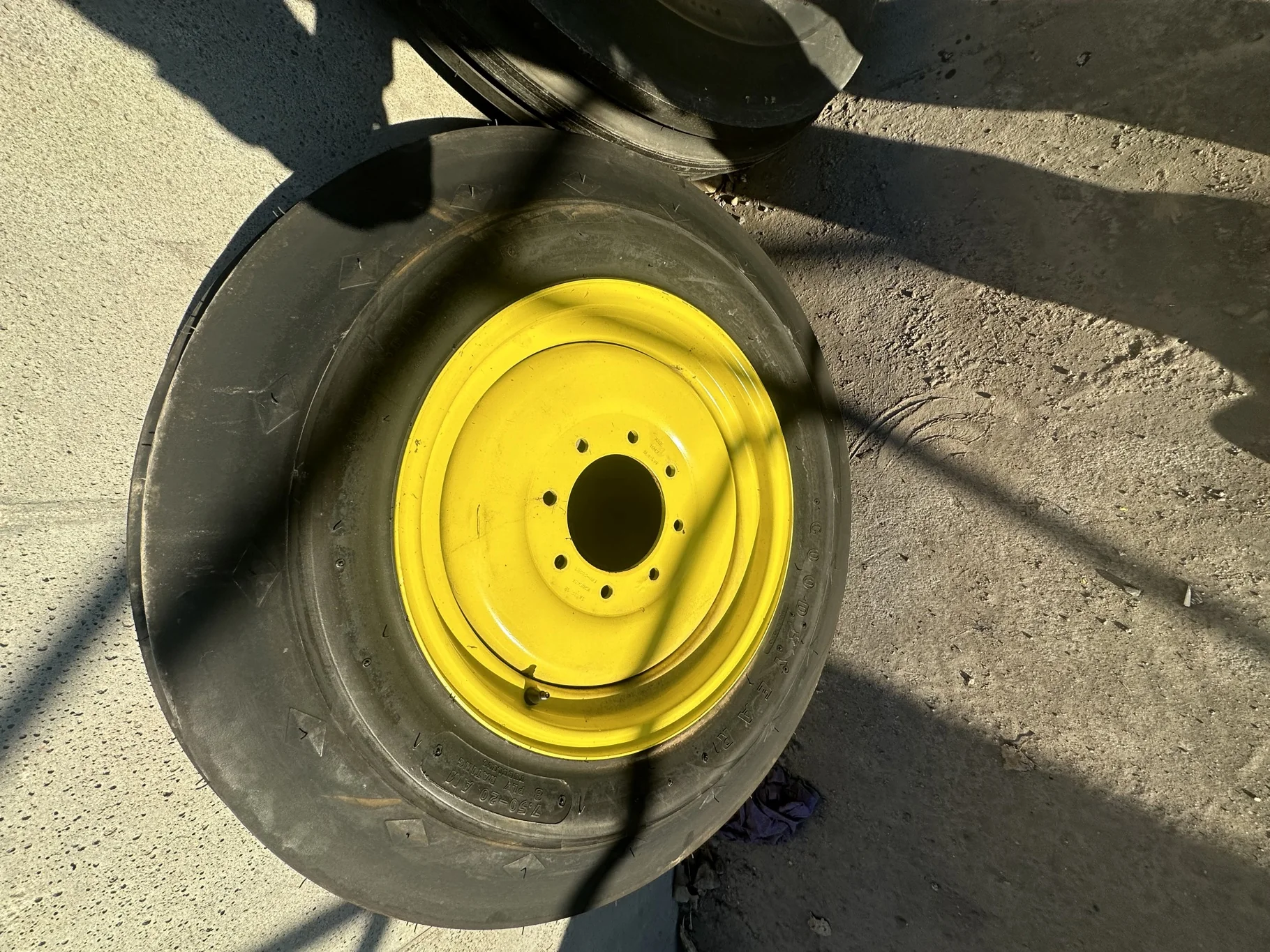 Take-Off 7.50-20/8 Goodyear Super 3 Rib F-2 TL on a 5.5 x 20 8-8-6.0 4.5"BS JD Yellow Implement image 2