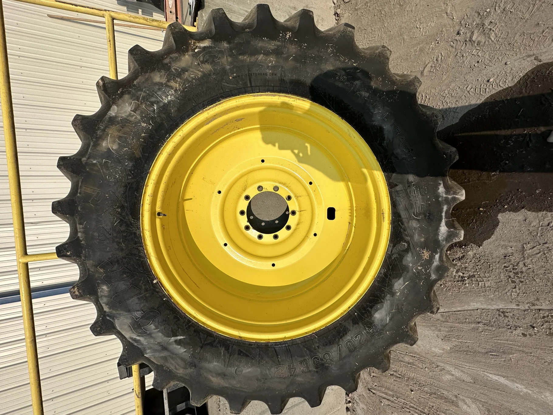 Used 520/85R42 Firestone Radial Deep Tread 23 R-1W 167B TL 80% on 18 x 42 John Deere Yellow 10 Bolt image 2