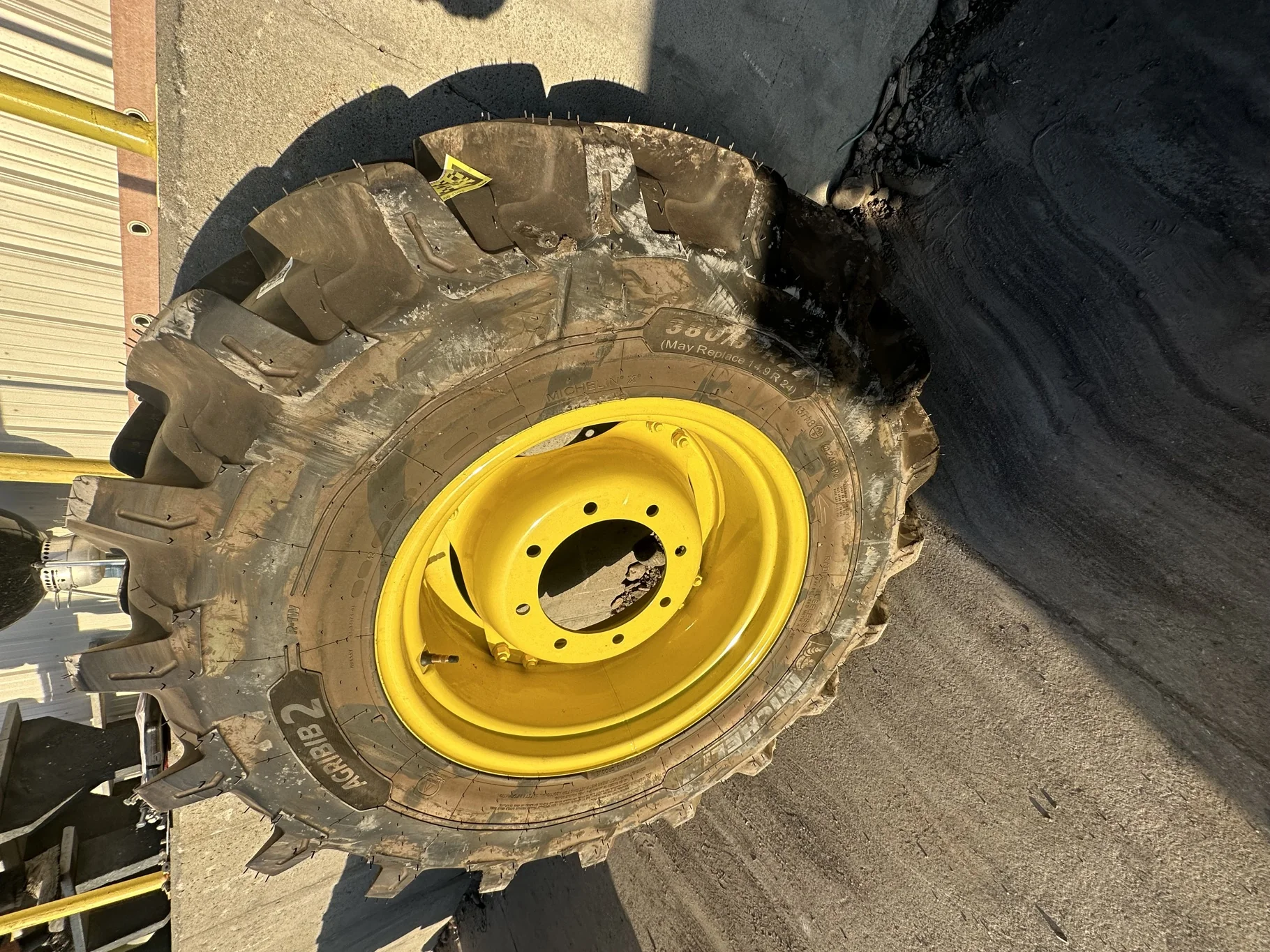 Take-Off 380/85R24 Michelin AgriBib2 R-1W 130A8/127B TL on a 12 X 24 JD Yellow 2 Bolt GKN Waffle Wh