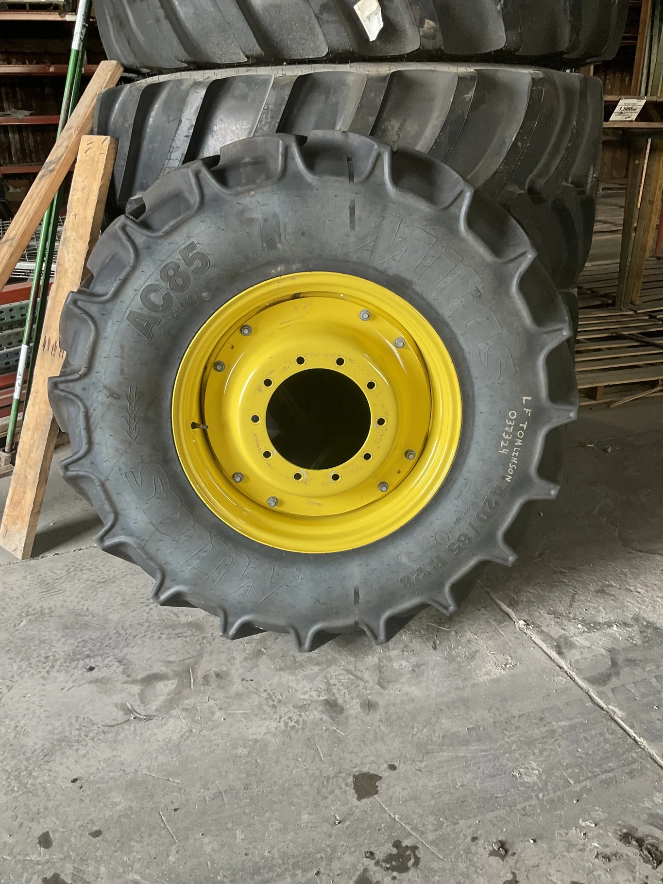 Used 420/85R28 139A8 Mitas AC85 TL R-1W 90-95% On 15 x 28 10-13.19-11.07 15"BS Yellow Waffle 2 Bolt image 2