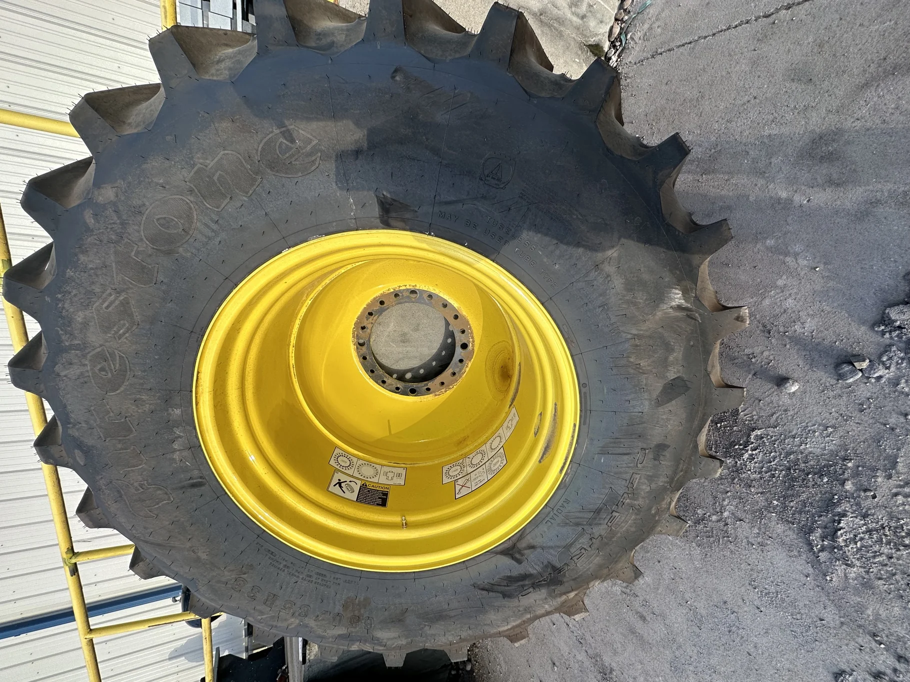 Take-Off 650/85R38 173B Firestone Radial DT 23 R-1W TL On 23 x 38 JD X Series Yellow Wheel