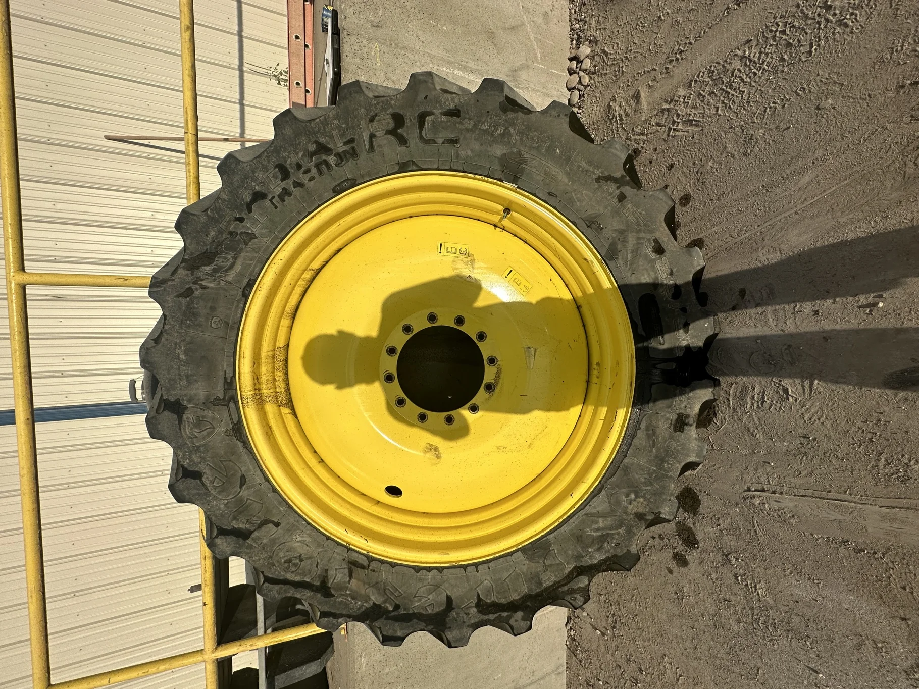 Used IF380/90R46 Firestone Radial 9000 R-1W 159B TL 75% on a 13 x 46 JD Yellow 12 Bolt Sprayer image 2