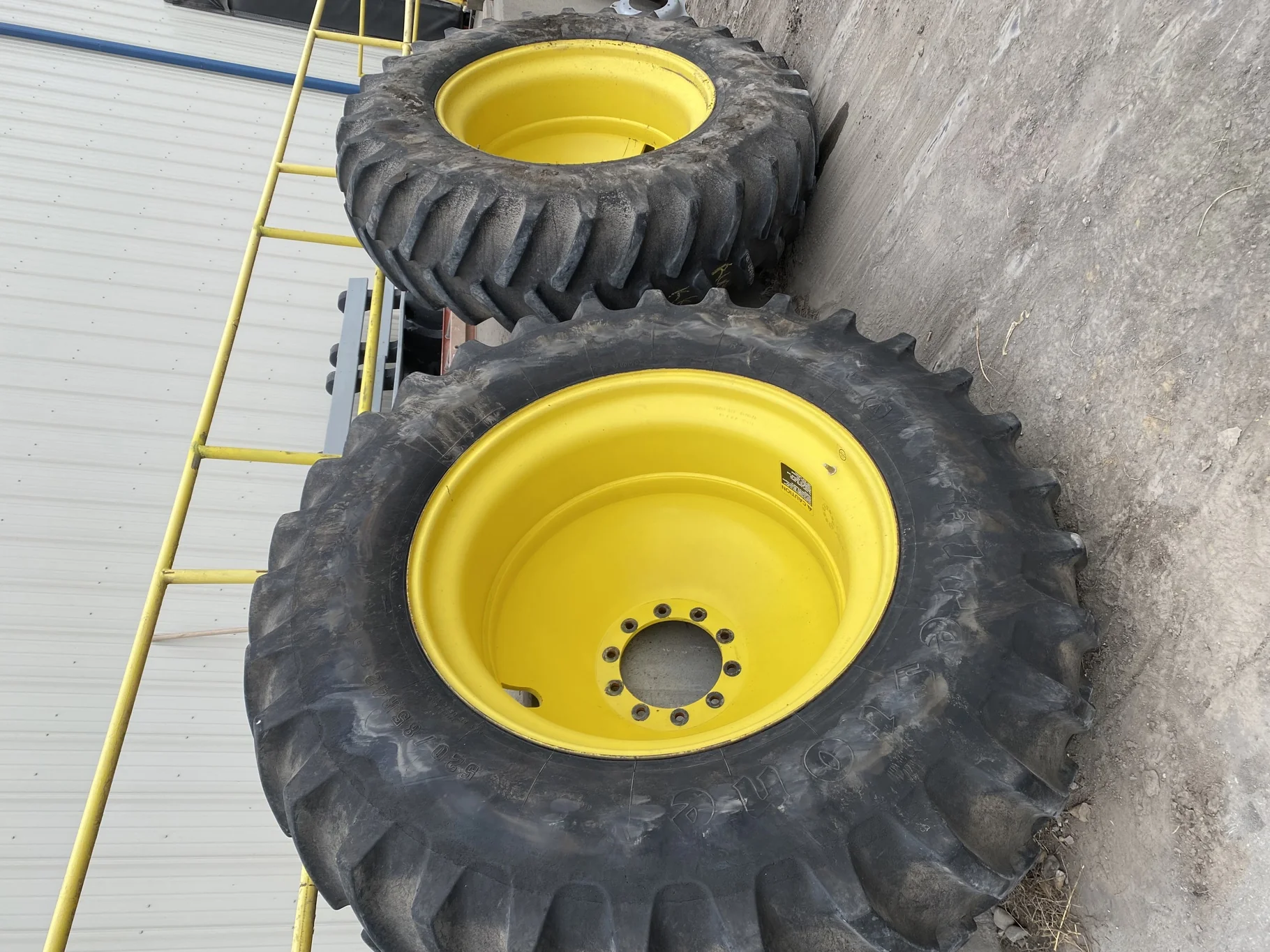 Used 520/85R42 Firestone Radial All Traction 23 R-1W 157B TL  75% on 18 x 42 JD Yellow 10 Bolt Dolly image 2