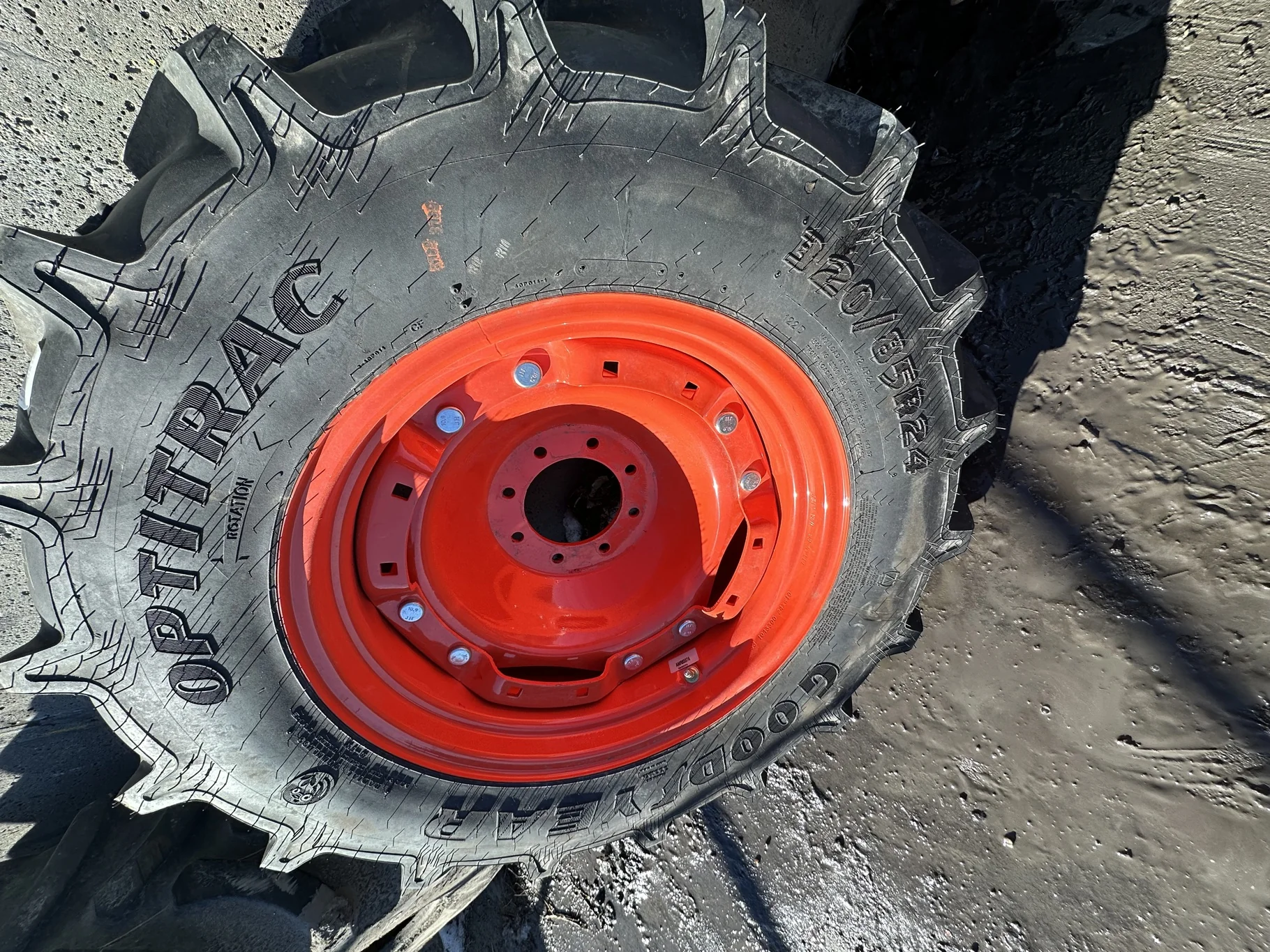 Take-Off 320/85R24 122D Goodyear Optitrac R-1W TL On 10 X 24 Waffle 2 Bolt 8-8-6 Kubota Orange Wheel image 2