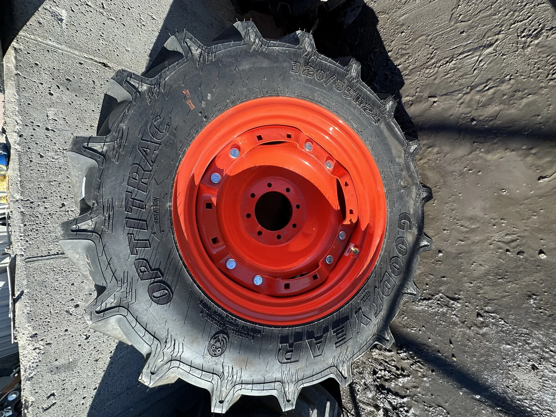 Take-Off 320/85R24 122D Goodyear Optitrac R-1W TL On 10 X 24 Waffle 2 Bolt 8-8-6 Kubota Orange Wheel image 3