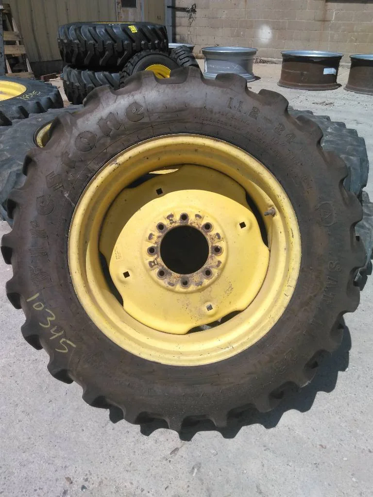 Used 11.2-24 113A3 Firestone Super All Traction ll TT R-1 65-70% On 10 x 24 8-8-6 JD Yellow Wheel image 2