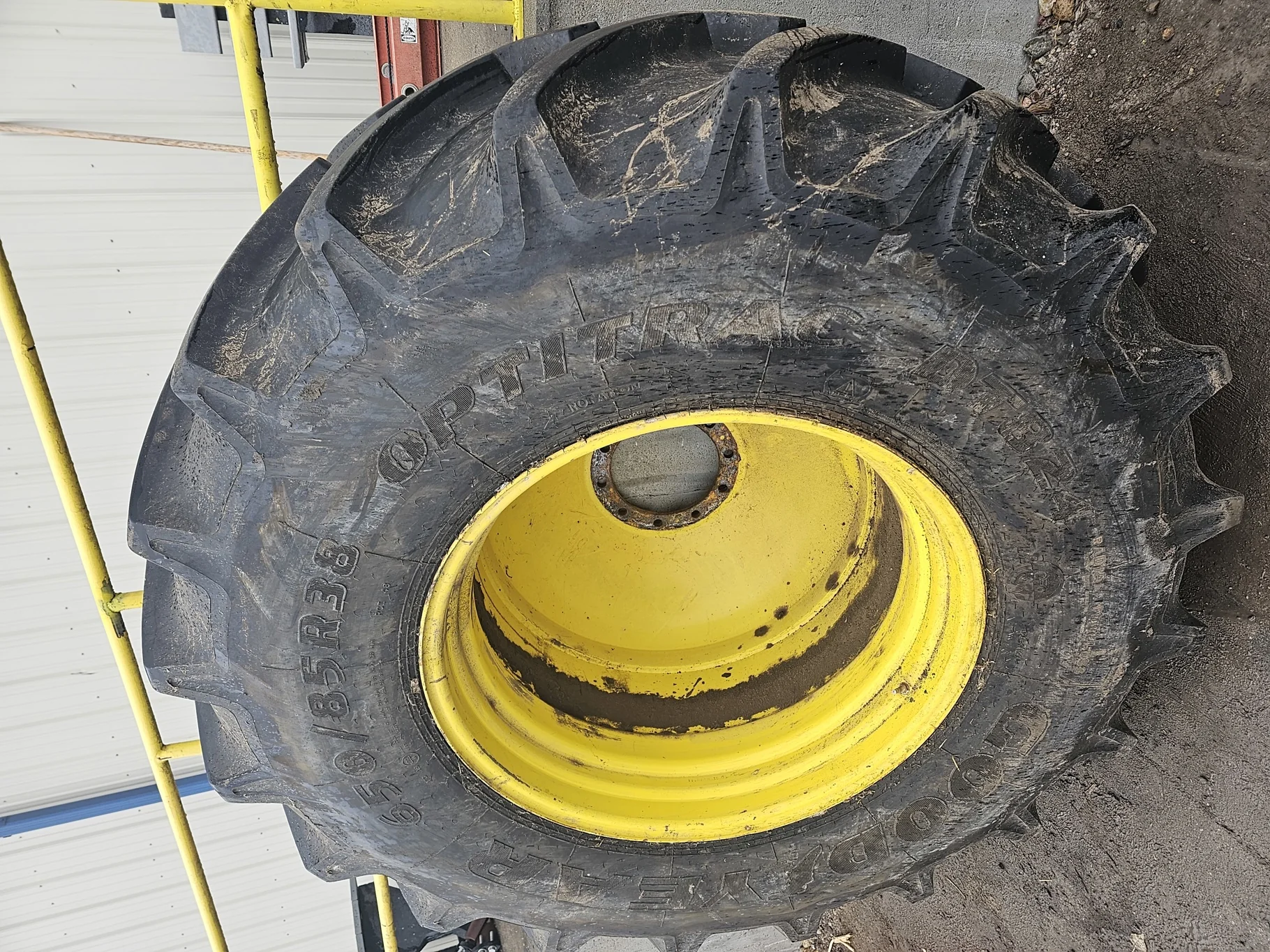 Used 650/85R38 Goodyear Optitrac 173B R-1W TL 85% on a 23 x 38 JD 10 Bolt Outside Dolly Dual Wheel