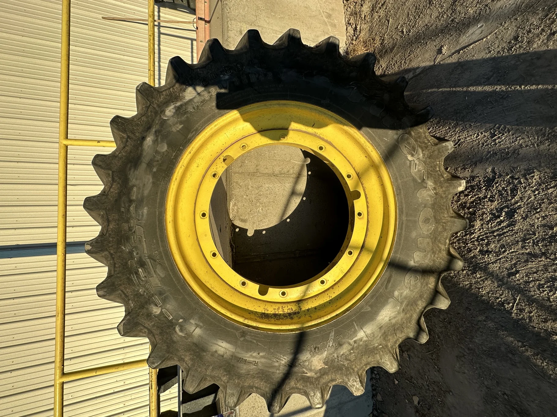 Used 520/85R42 Firestone Radial Deep Tread 23 R-1W (157B) TL 65% on 18 X 42 JD Yellow 12-32.047 3.19 image 2