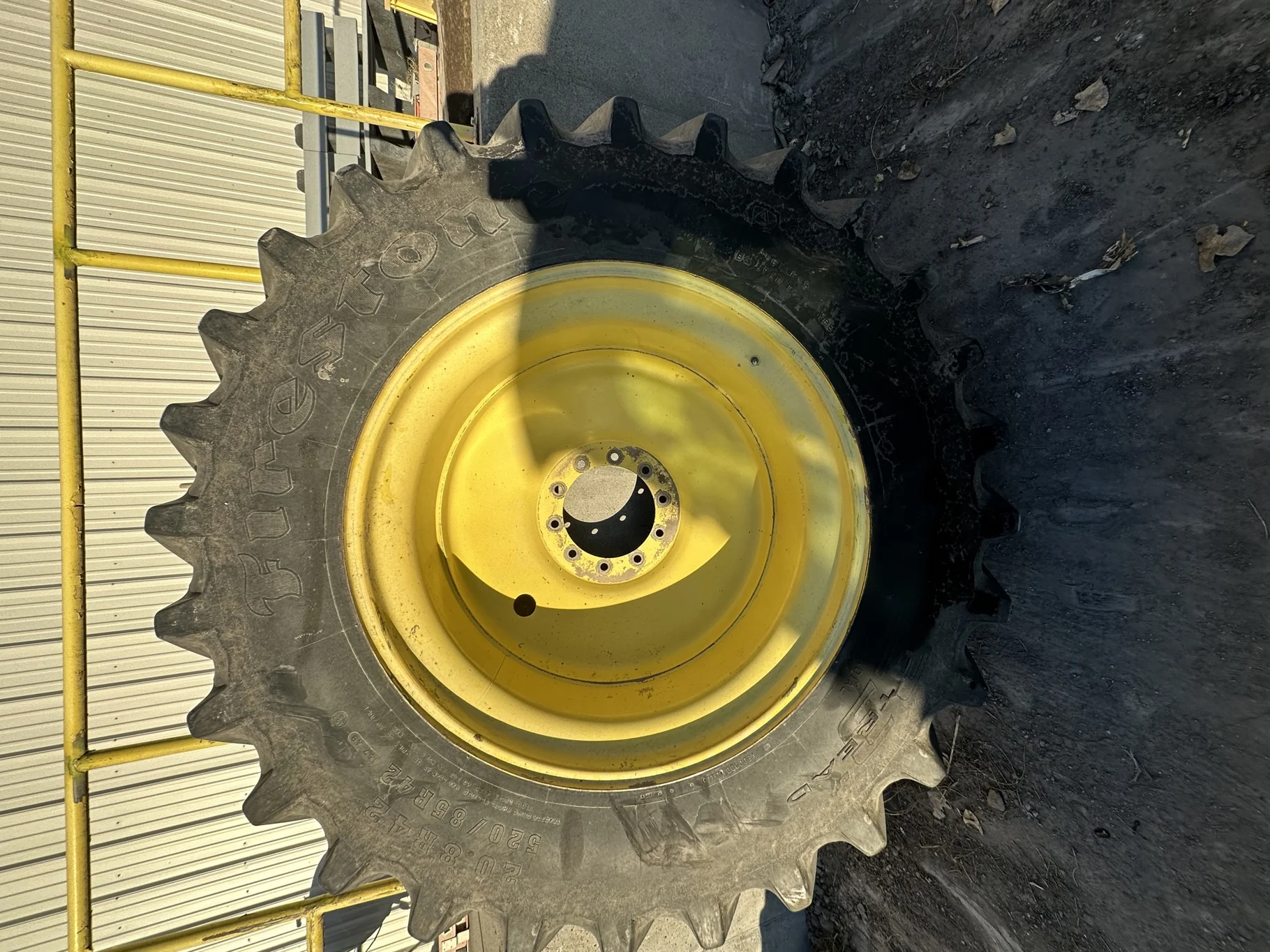 Used 520/85R42 Firestone Radial Deep Tread 23 R-1W 157B TL 70% on 18 x 42 John Deere Yellow 10 Bolt image 2