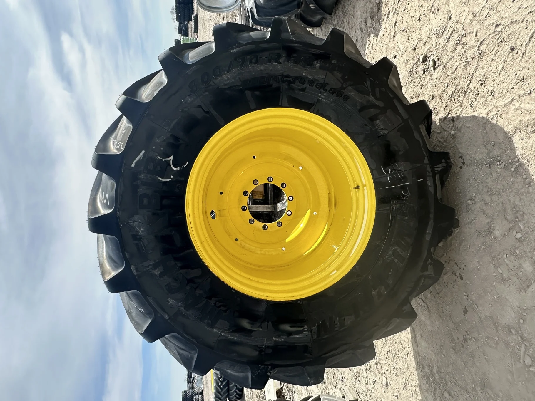 Take-Off 800/70R38 Michelin MachXBib R-1W 173D TL on a 27 X 38 JD Yellow 10 Bolt (.937) 5/8" F image 2