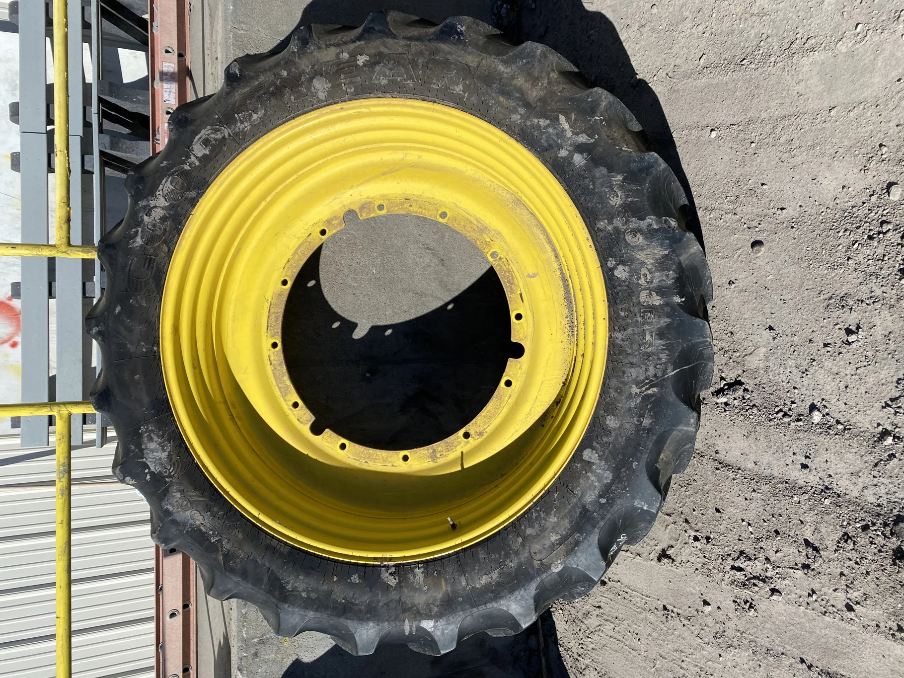 Used 380/90R50 Goodyear DT800 R-1W (151A8) TL 65% on a 12 x 50 JD Yellow 5/8" 12 Bolt (.938) S