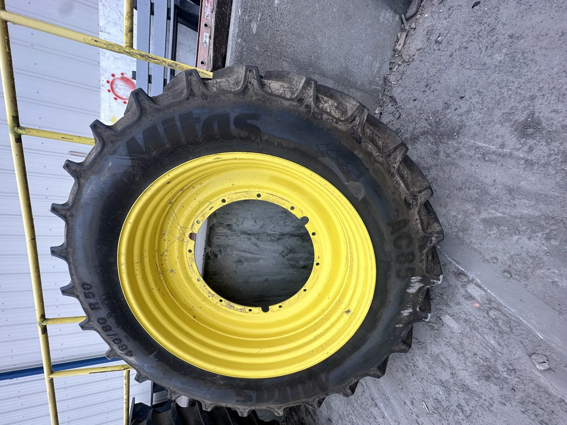 Used 480/80R50 Mitas AC85 R-1W 159B TL 90% on a 15 x 50 12-32.047-30.17 JD Yellow Stub Disc