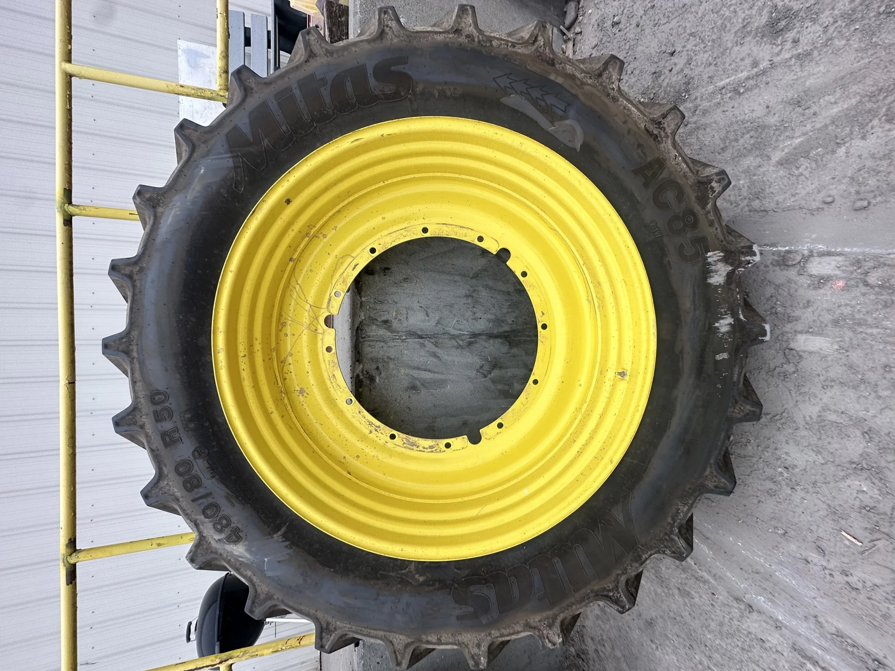 Used 480/80R50 Mitas AC85 R-1W 159B TL 90% on a 15 x 50 12-32.047-30.17 JD Yellow Stub Disc image 2