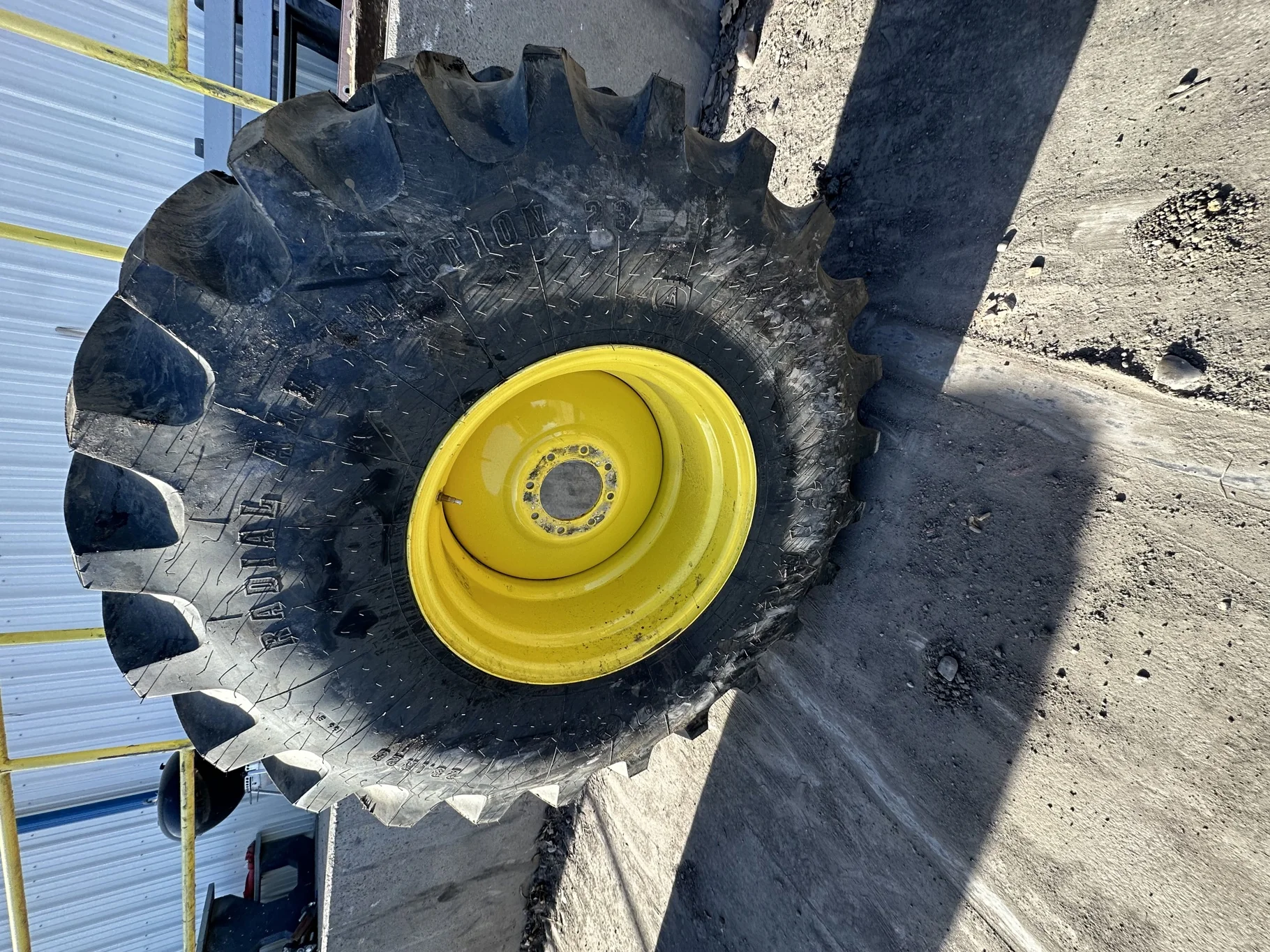 Take-Off 23.1R26 166B Firestone Radial All Traction 23 R-1W On 20 x 26 8-8-6 Combine Yellow Wheel