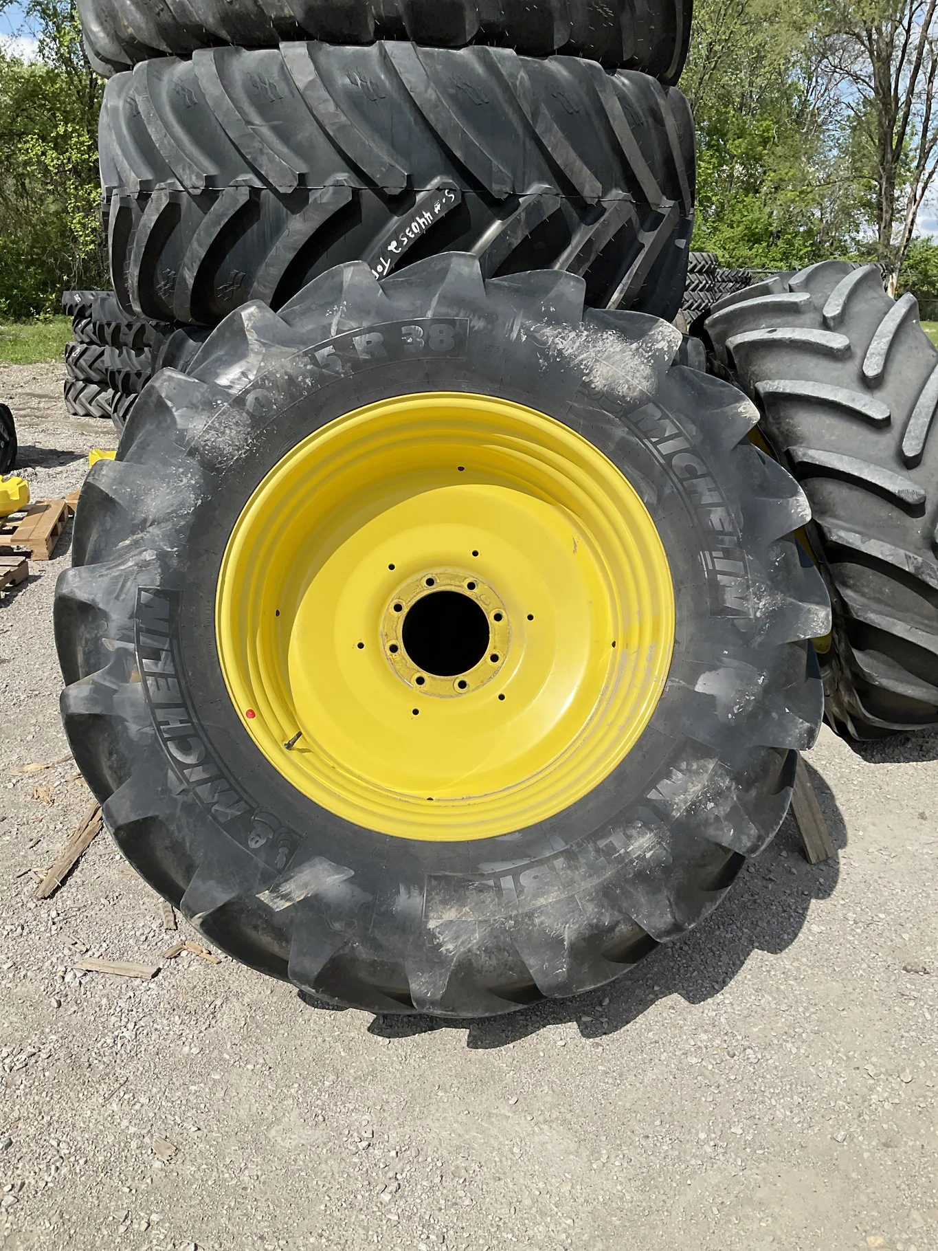 Used 600/65R38 153D Michelin Agribib TL R-1W 90-95% On 20 x 38 8-10.82-8.78 8"BS Yellow Wheel
