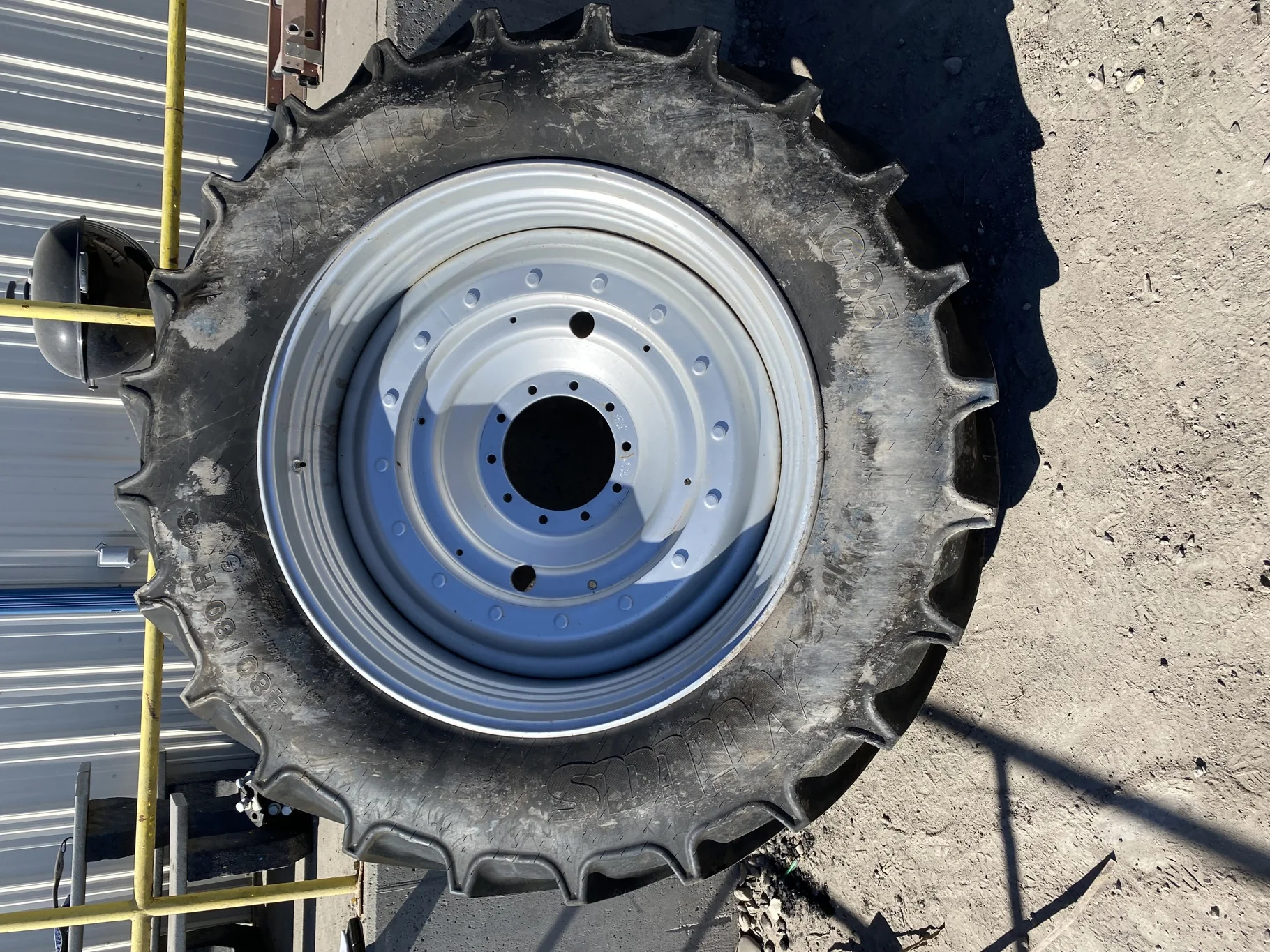 Used 93% 480/80R46 Mitas AC85 158A8 on 16 x 46 Case Silver 16 Bolt Stub Disc with 10 Bolt Disc