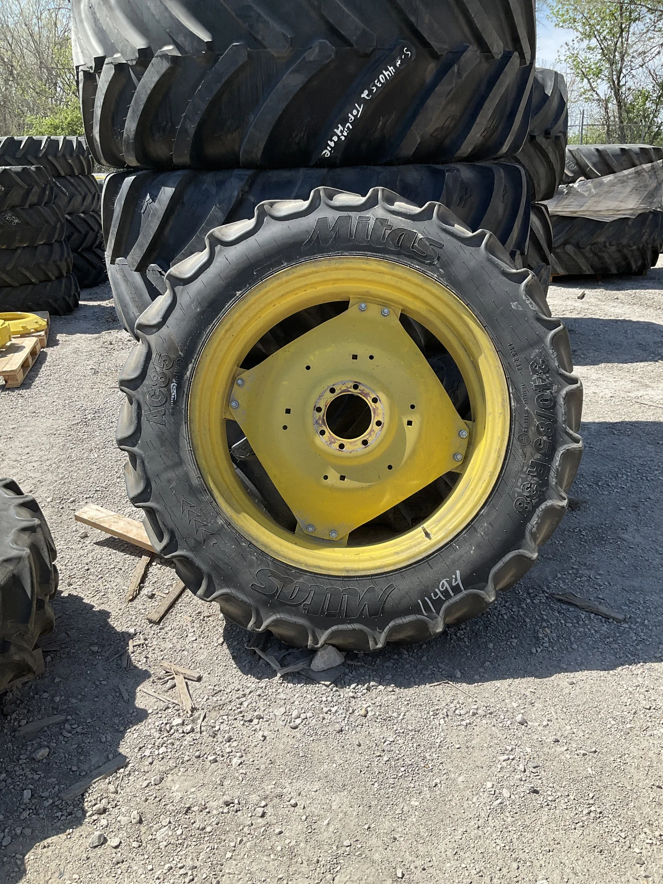 Used 340/85R38 133A8 Mitas AC85 TL R-1W 70-75% On 12 x 38 8-8-6 10"BS GKN Yellow 4/2 Clamp