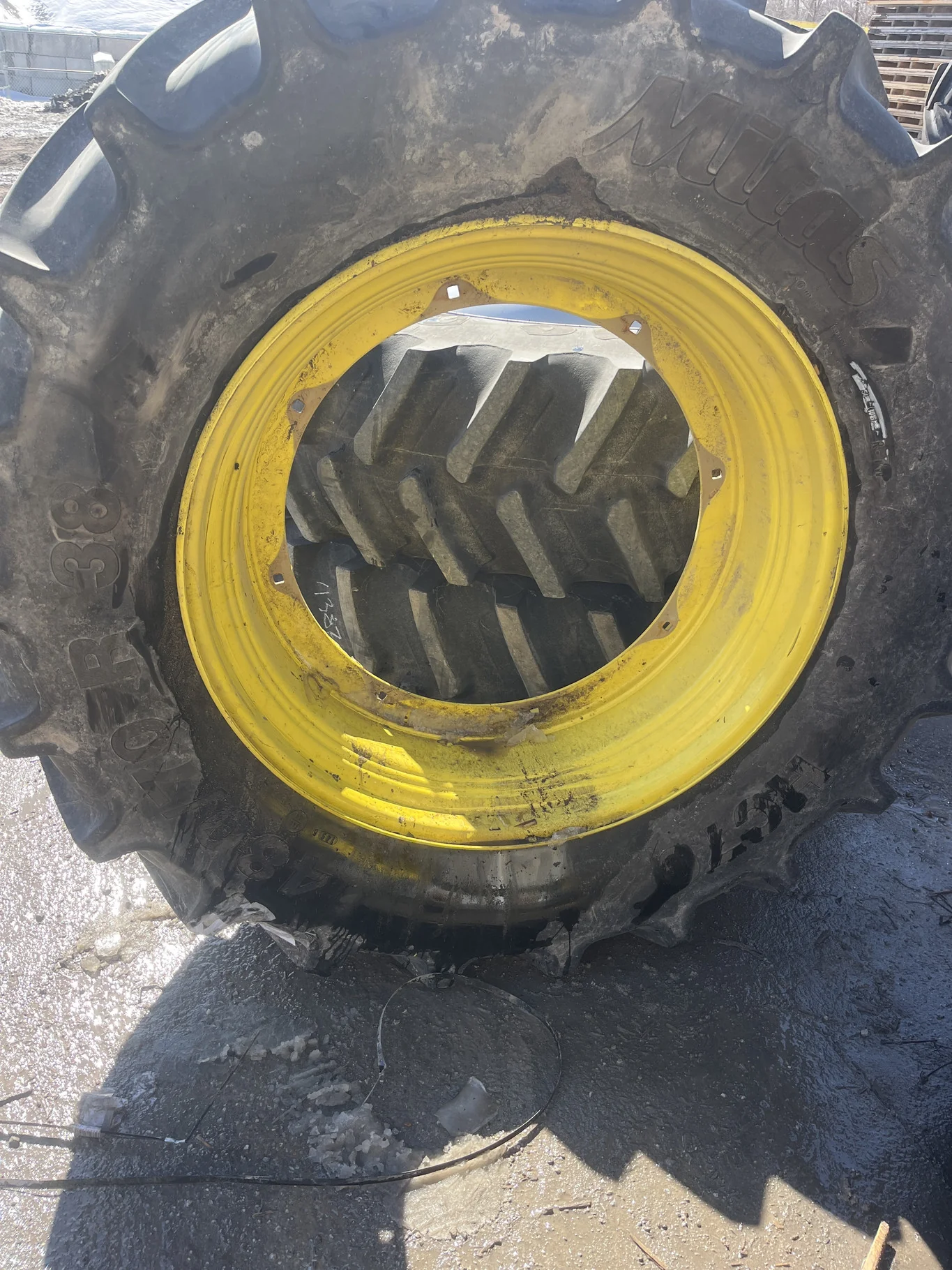 Used 480/70R38 148A8 Mitas HC70 TL R-1W 90-95% On 8-31.0-29.0 9.5"BS Yellow Rim & Rail Wheel
