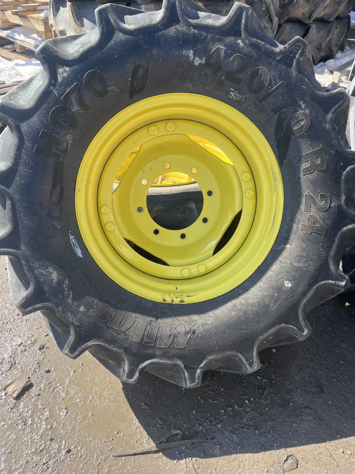 Used 420/70R24 133A8 Mitas HC70 TL R-1W 85-90% On 12 x 24 8-10.82-8.784"BS GKN Yellow 4/2 Rail Wheel