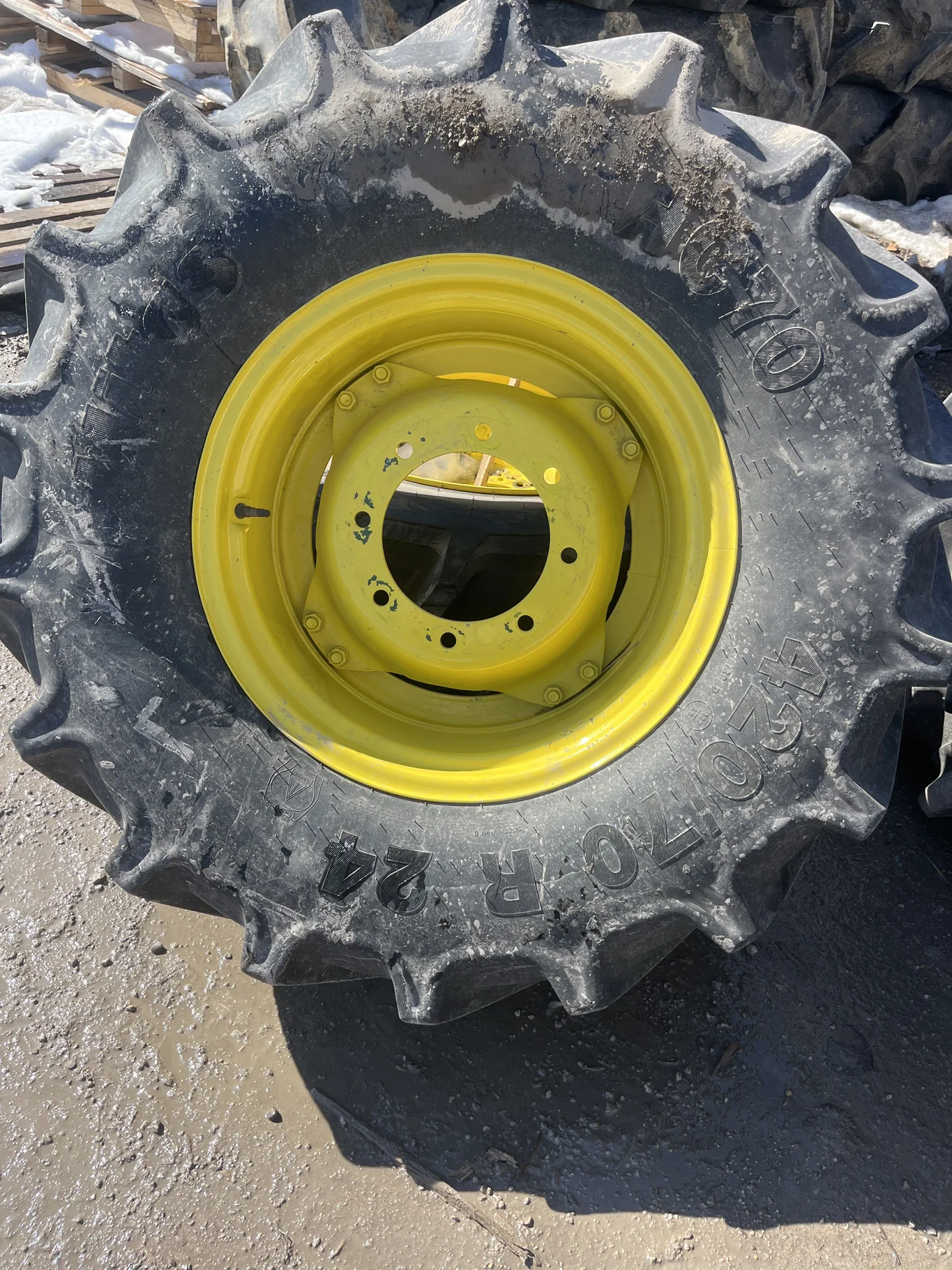 Used 420/70R24 133A8 Mitas HC70 TL R-1W 85-90% On 12 x 24 8-10.82-8.784"BS GKN Yellow 4/2 Rail Wheel image 2