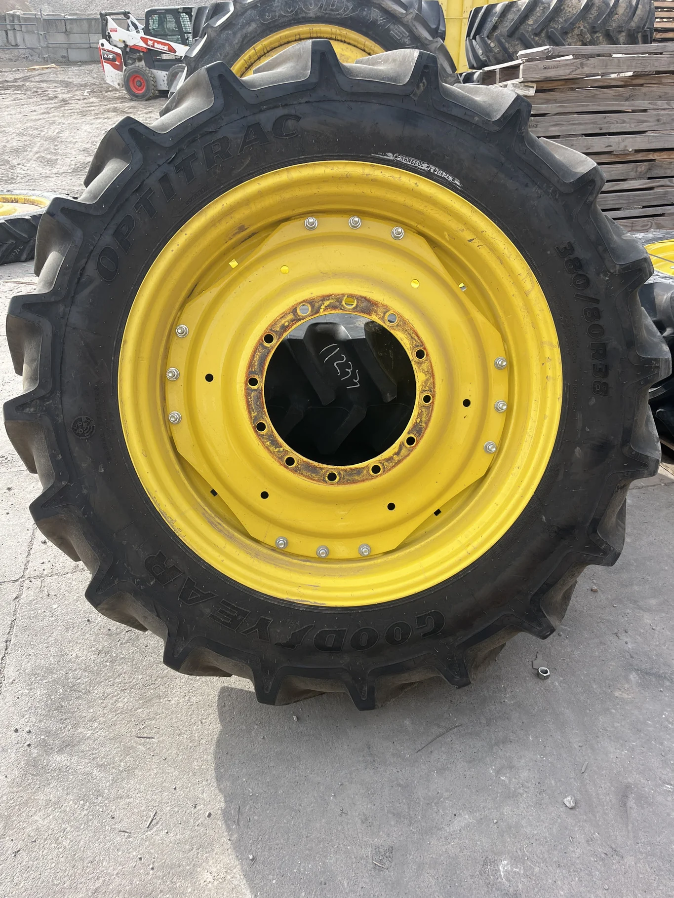 Take-off 380/80R38 142D Goodyear Optitrac TL R-1W 95-100% On 12 x 38 24-29.5 3 Bolt Waffle Wheel image 2