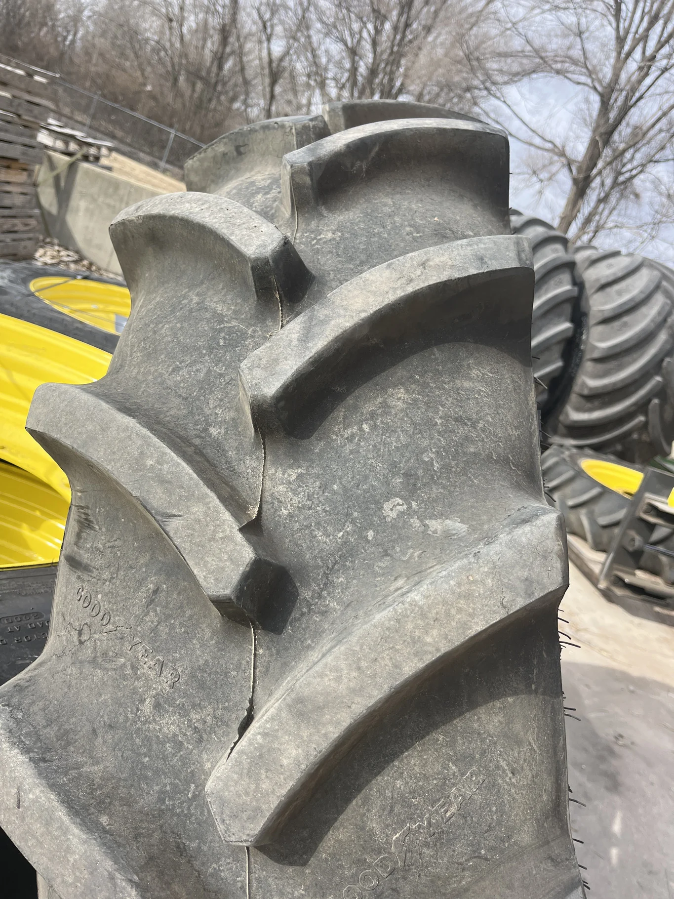 Take-off 380/80R38 142D Goodyear Optitrac TL R-1W 95-100% On 12 x 38 24-29.5 3 Bolt Waffle Wheel image 3